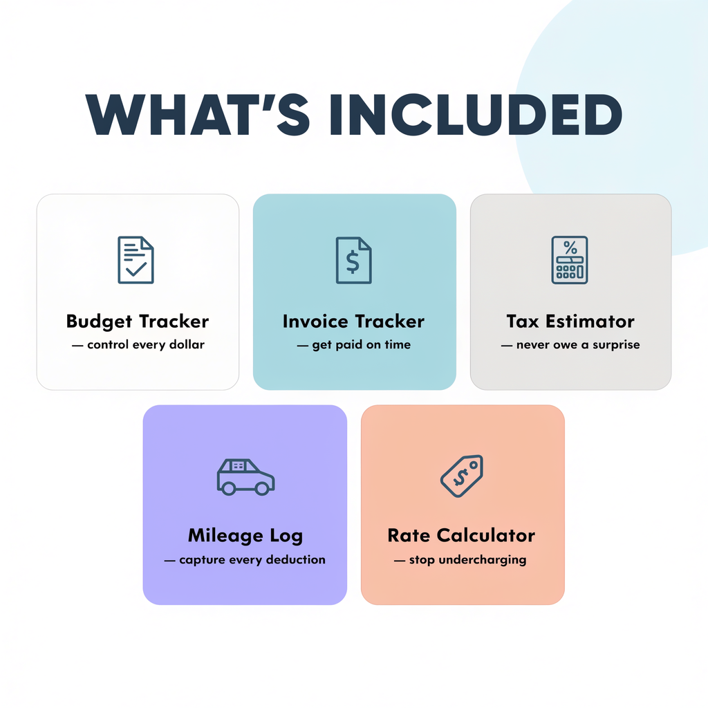 What's included — Budget Tracker, Invoice Tracker, Tax Estimator, Mileage Log, Rate Calculator