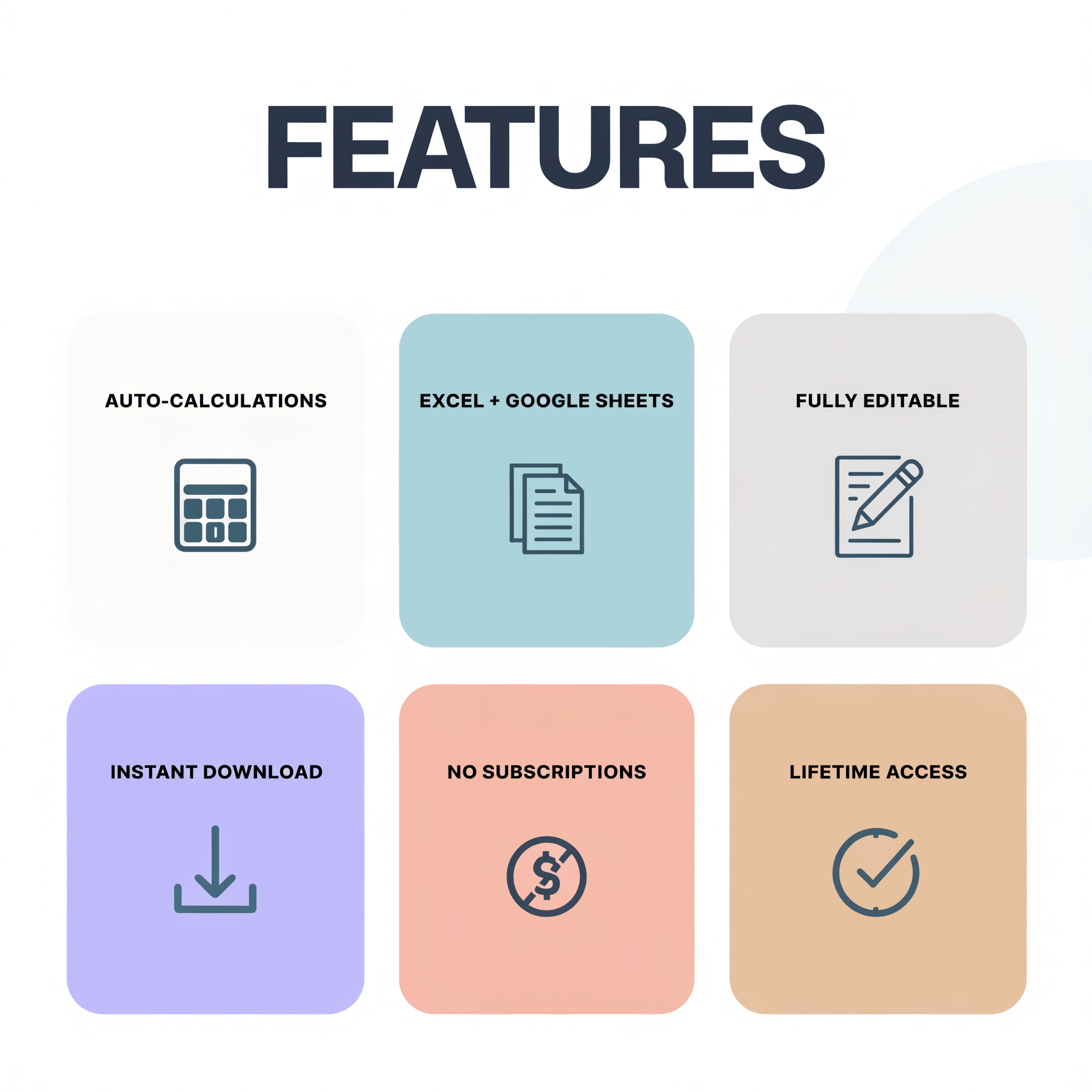 Bundle features — auto-calculations, Excel + Google Sheets, fully editable, instant download, no subscriptions, lifetime access