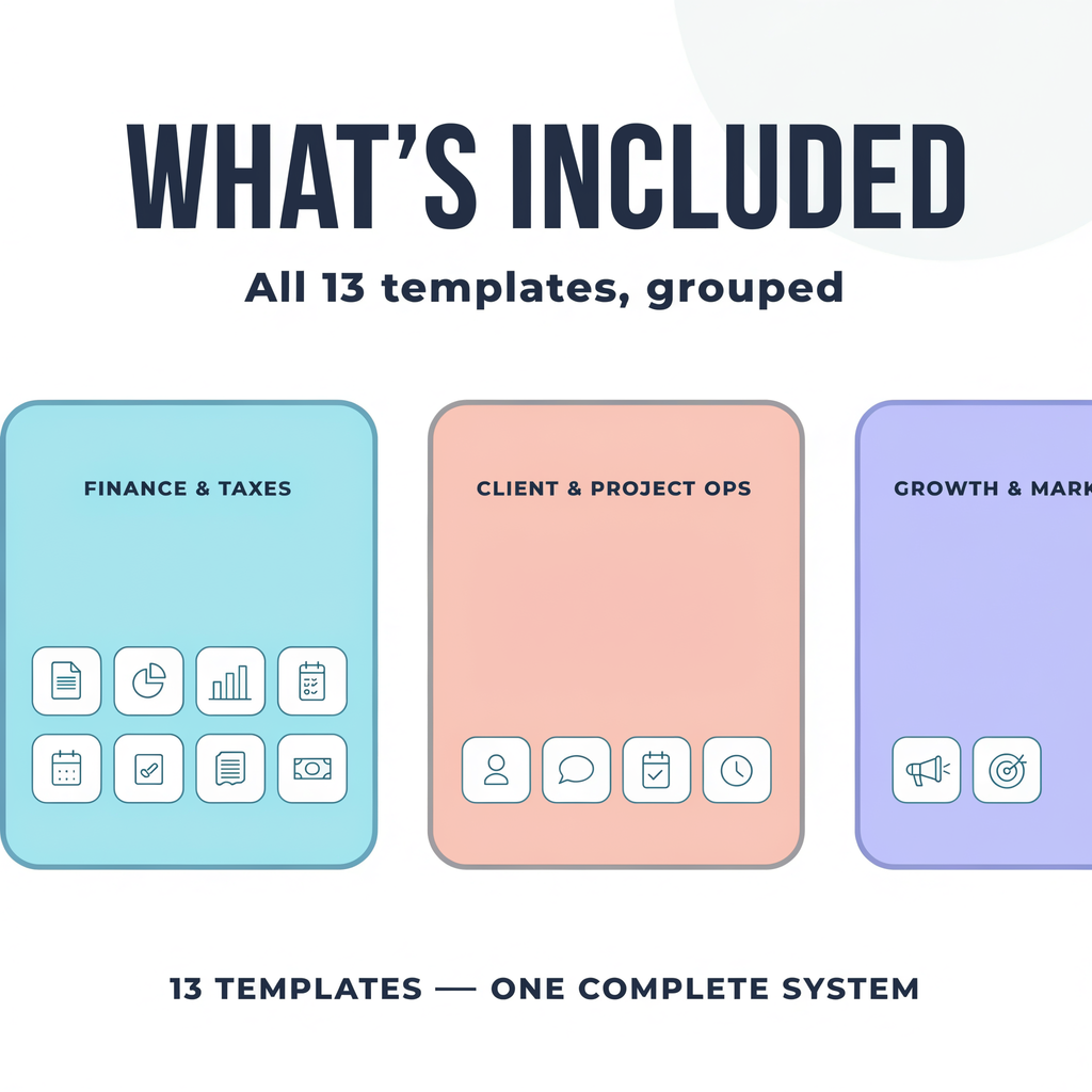 What's included — 13 templates grouped into Finance & Taxes, Client & Project Ops, Growth & Marketing