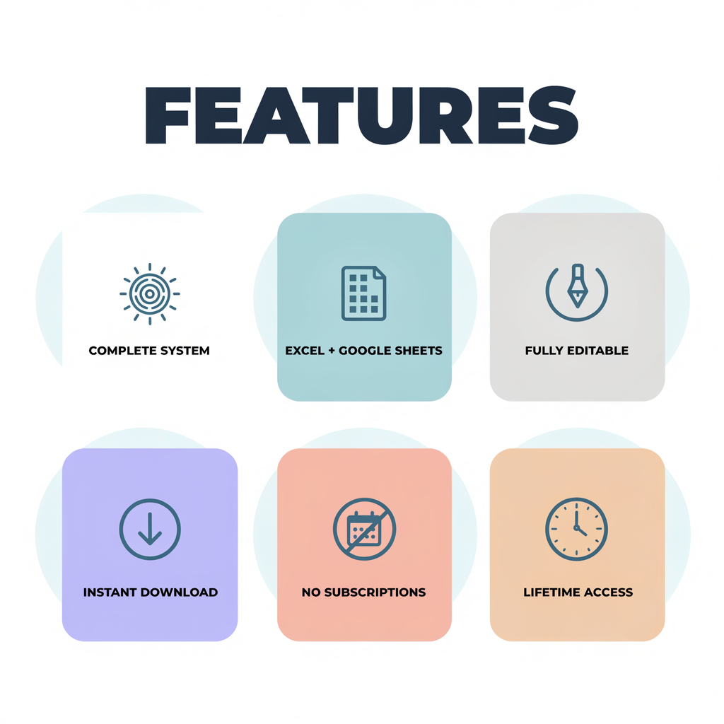 Toolkit features — complete system, Excel + Google Sheets, fully editable, instant download, no subscriptions, lifetime access