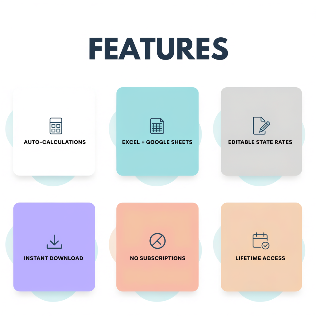 Tax Estimator features — auto-calculations, Excel + Google Sheets, editable state rates, instant download, no subscriptions, lifetime access