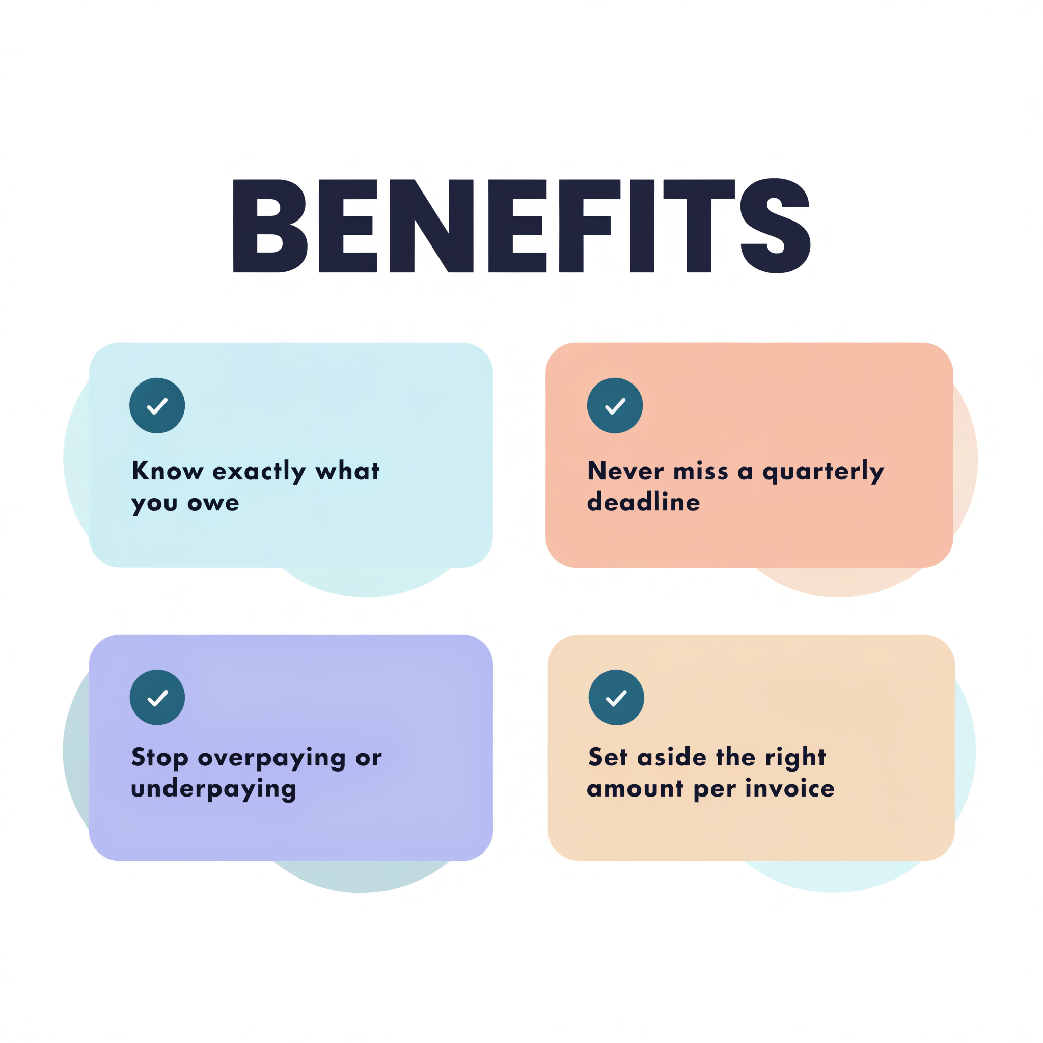 Benefits — know what you owe, never miss a quarterly deadline, stop overpaying or underpaying, set aside the right amount per invoice