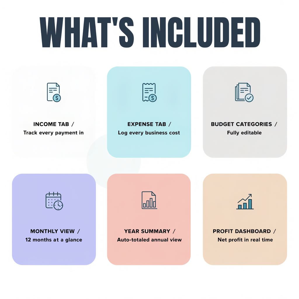 What's included — Income Tab, Expense Tab, Budget Categories, Monthly View, Year Summary, Profit Dashboard