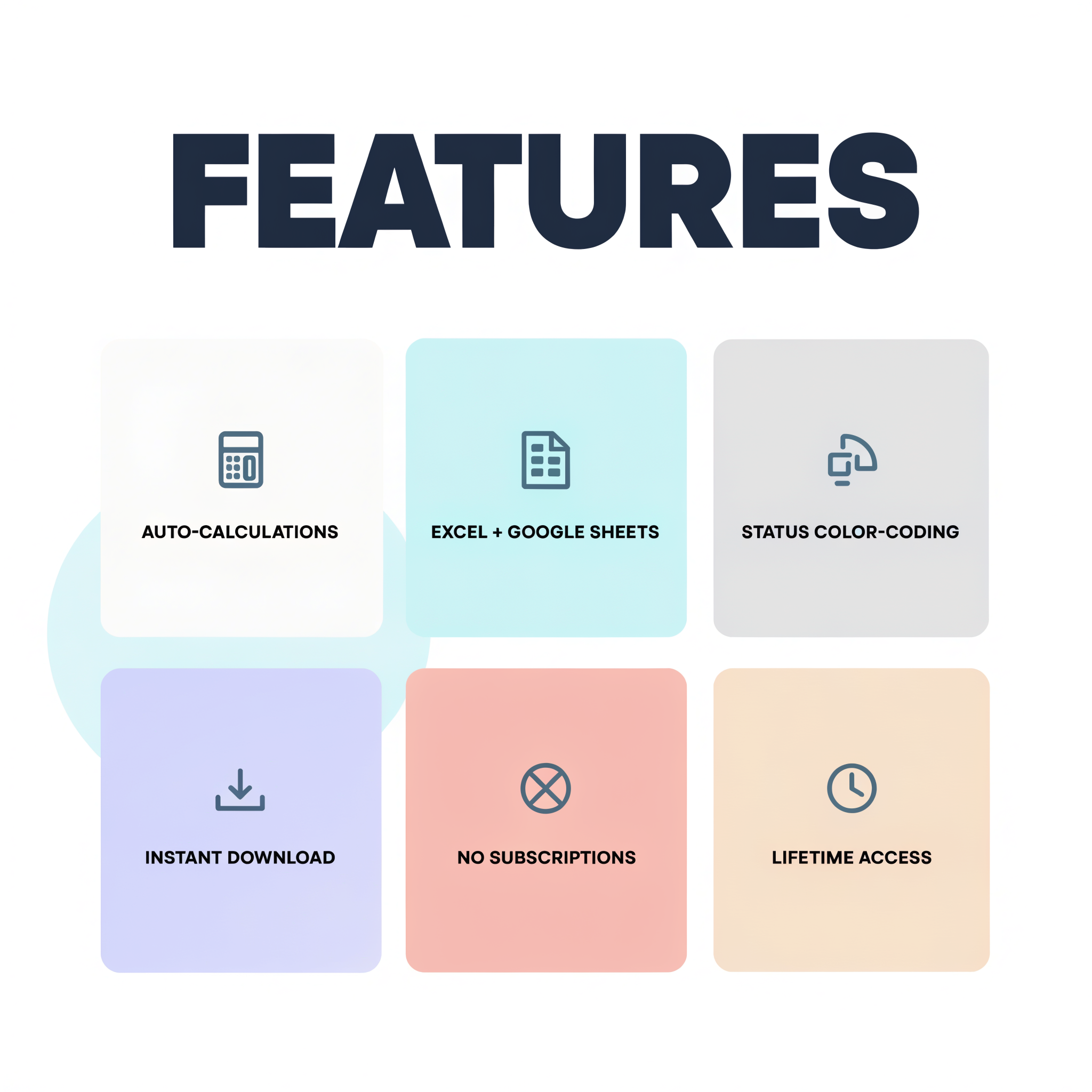 Invoice Tracker features — auto-calculations, Excel + Google Sheets, status color-coding, instant download, no subscriptions, lifetime access