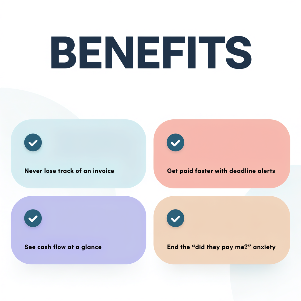 Benefits — never lose track of an invoice, get paid faster, see cash flow at a glance, end payment anxiety