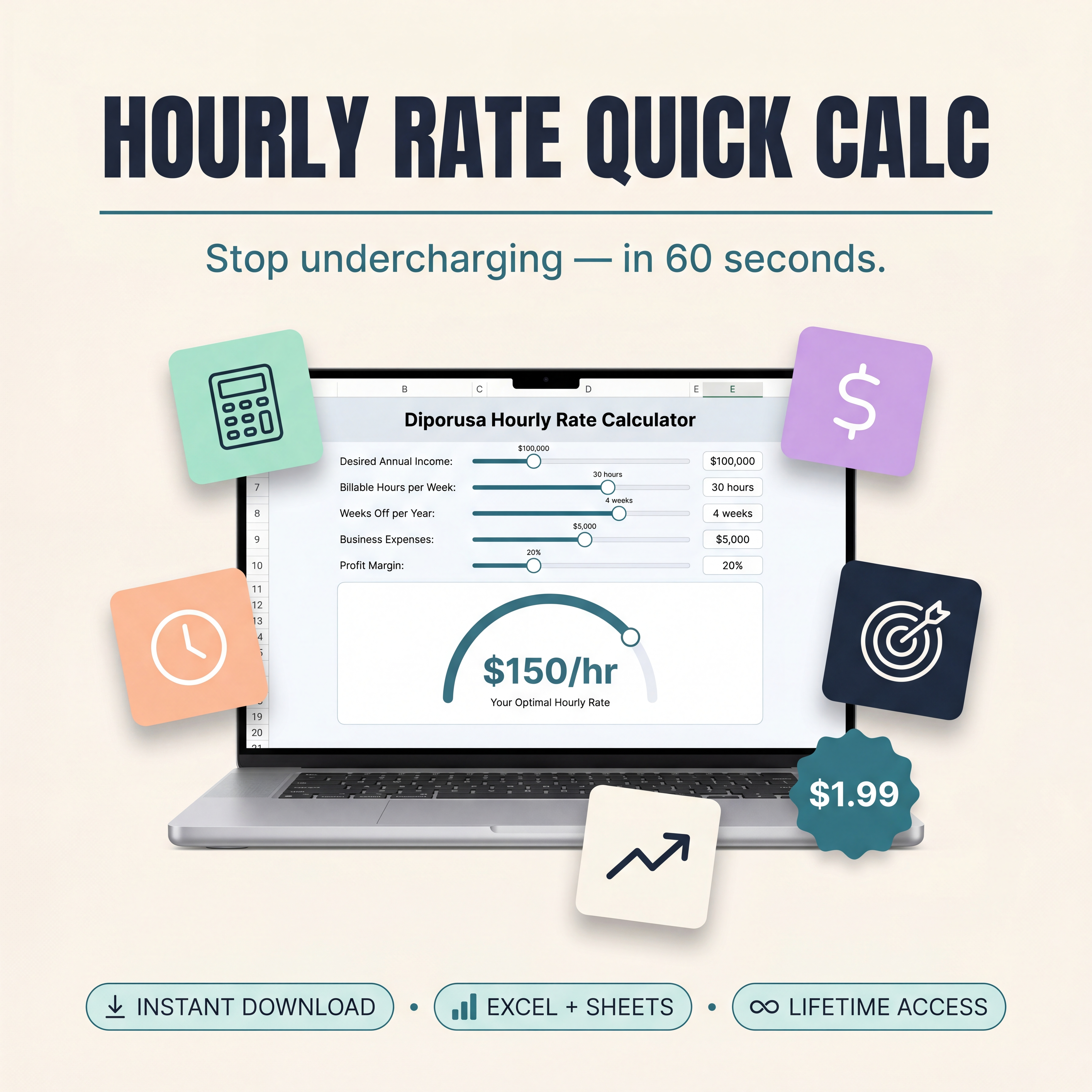 Hourly Rate Quick Calc — Diporusa freelance pricing tool, $1.99