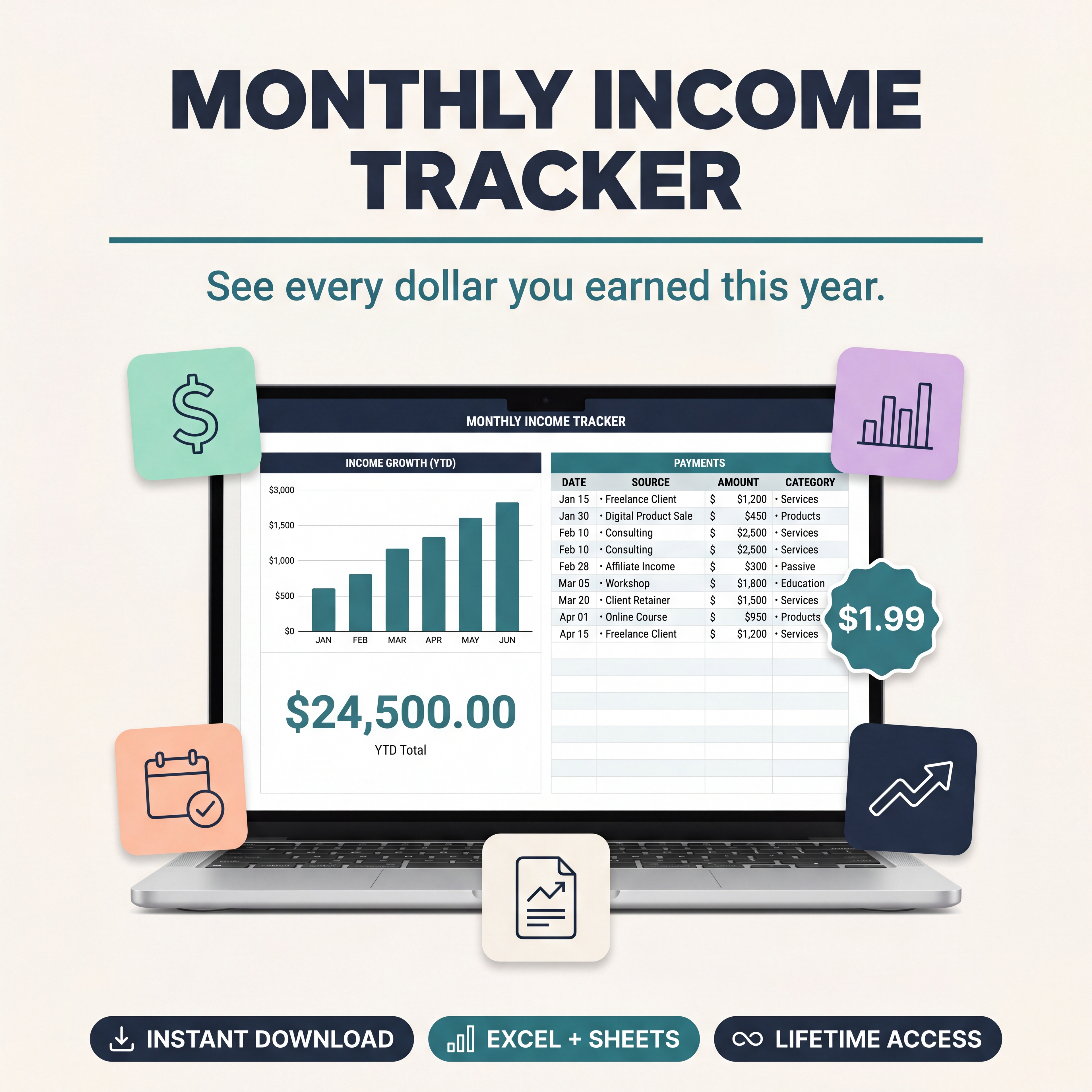 Monthly Income Tracker — Diporusa freelance income spreadsheet, $1.99