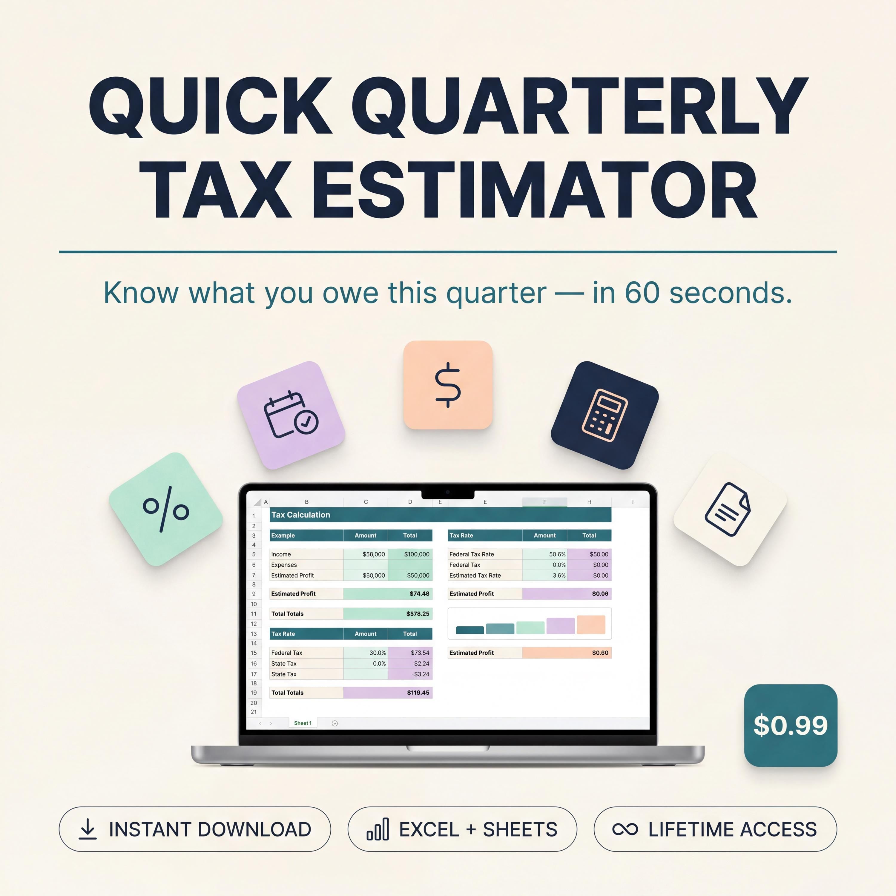 Quick Quarterly Tax Estimator | Self Employed Tax Calculator Spreadsheet | 1099 Estimated Tax | Excel + Google Sheets | Editable