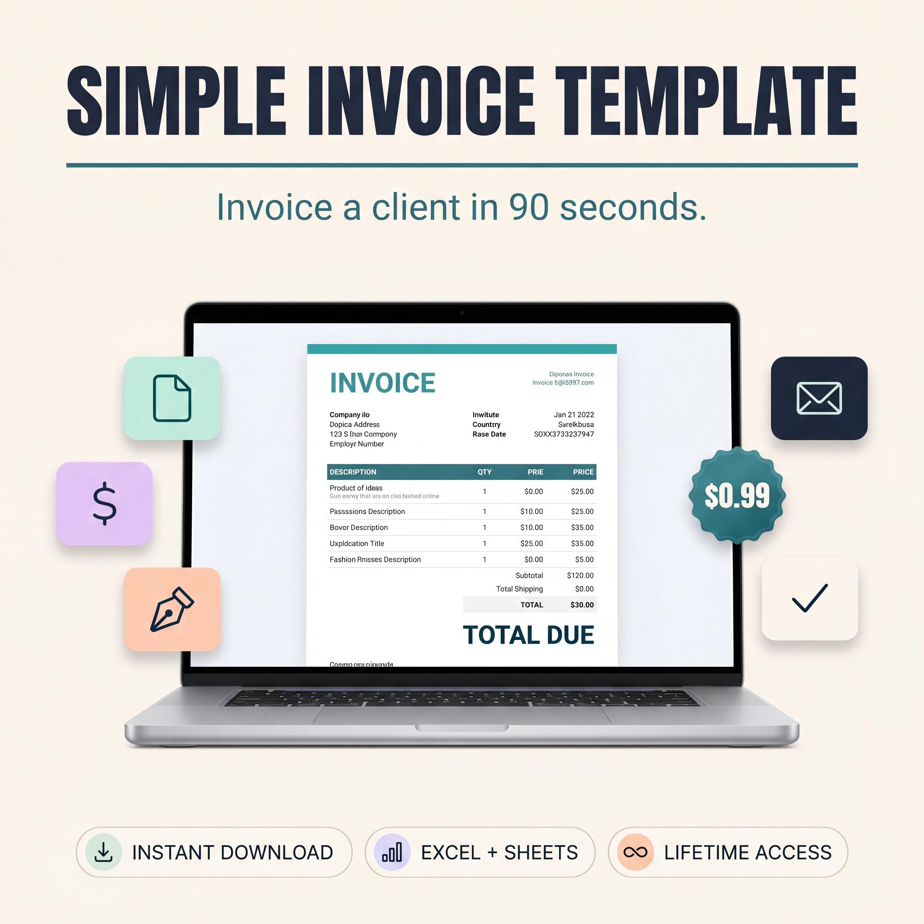 Simple Invoice Template | Freelance Invoice Spreadsheet | Printable Invoice for Small Business | Excel + Google Sheets | Editable