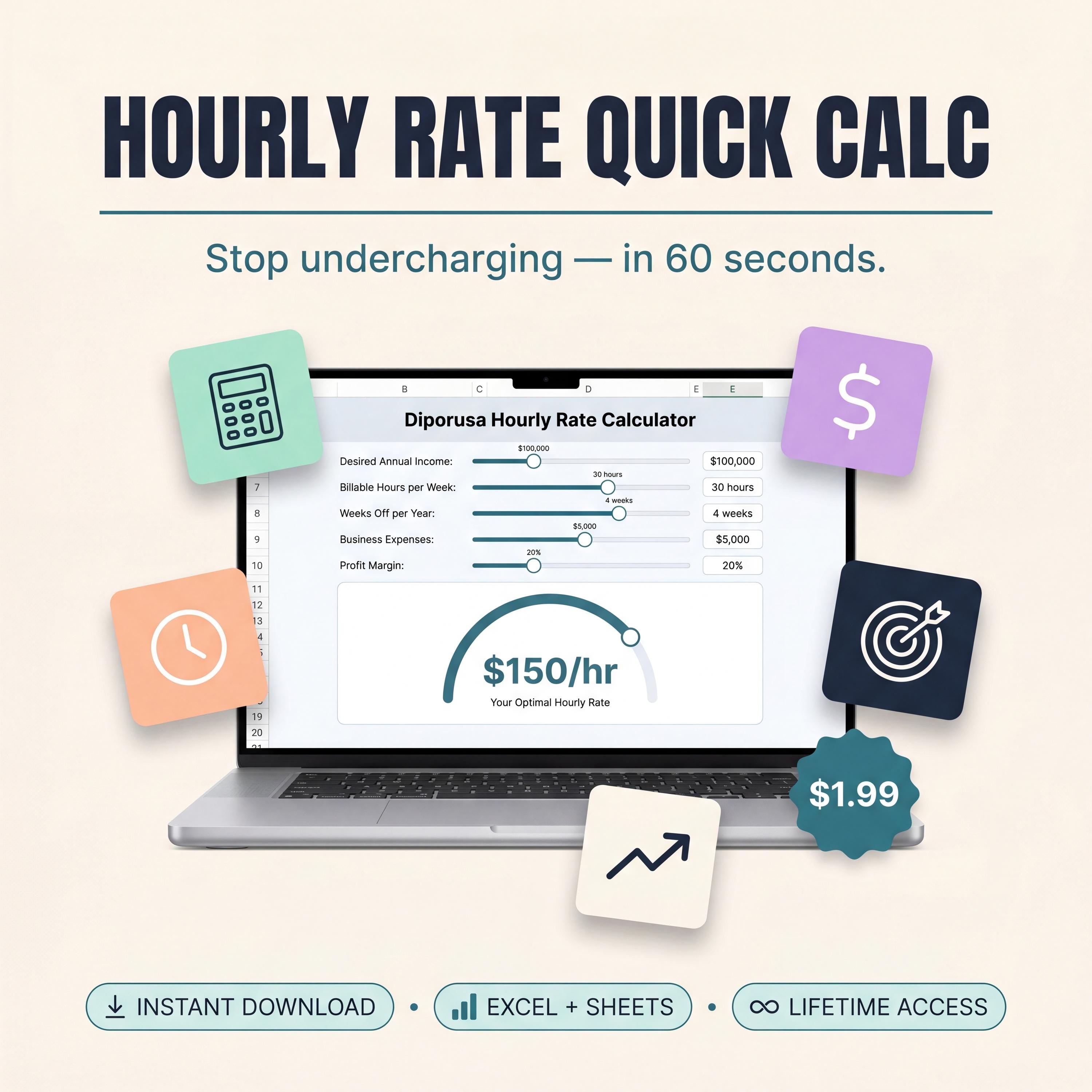 Hourly Rate Calculator | Freelance Pricing Spreadsheet | Stop Undercharging Rate Calc | Excel + Google Sheets | Editable
