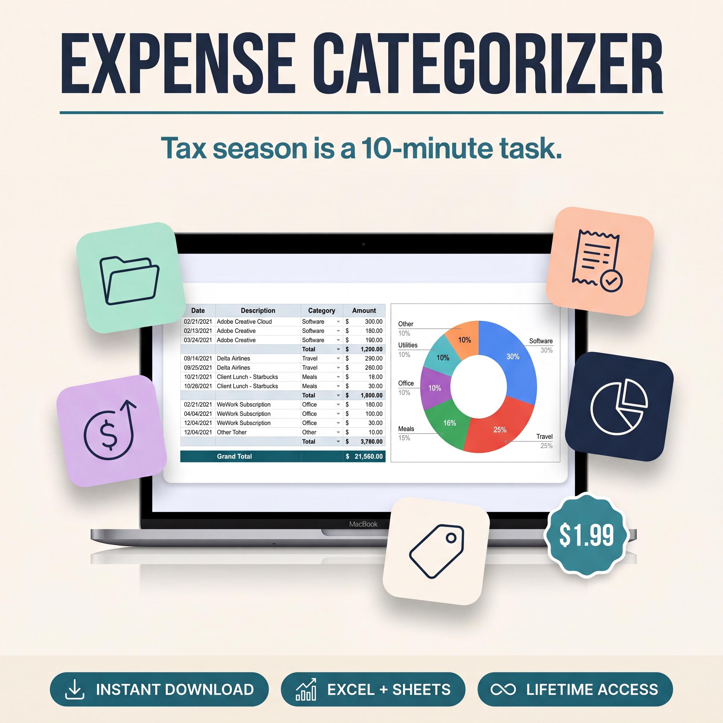 Business Expense Tracker | Expense Categorizer Spreadsheet | Tax Season Expense Log | Excel + Google Sheets | Editable