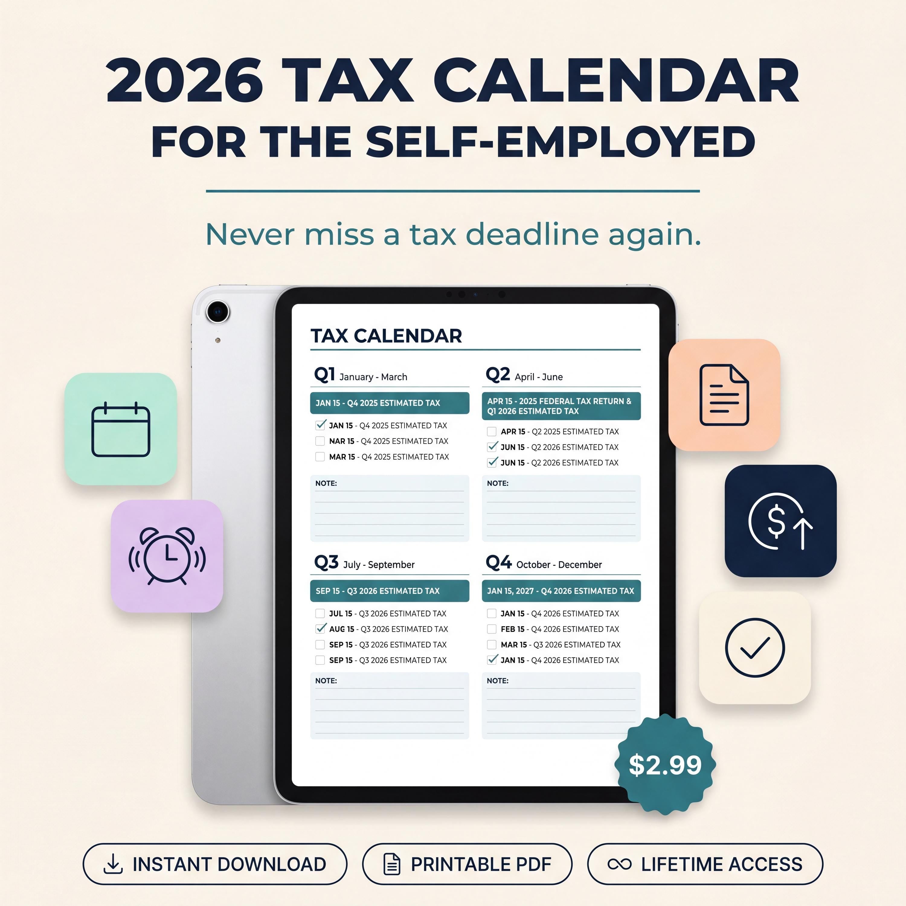 2026 Tax Calendar for Self Employed | Quarterly Tax Due Dates PDF | Freelancer Tax Deadlines | Printable Planner