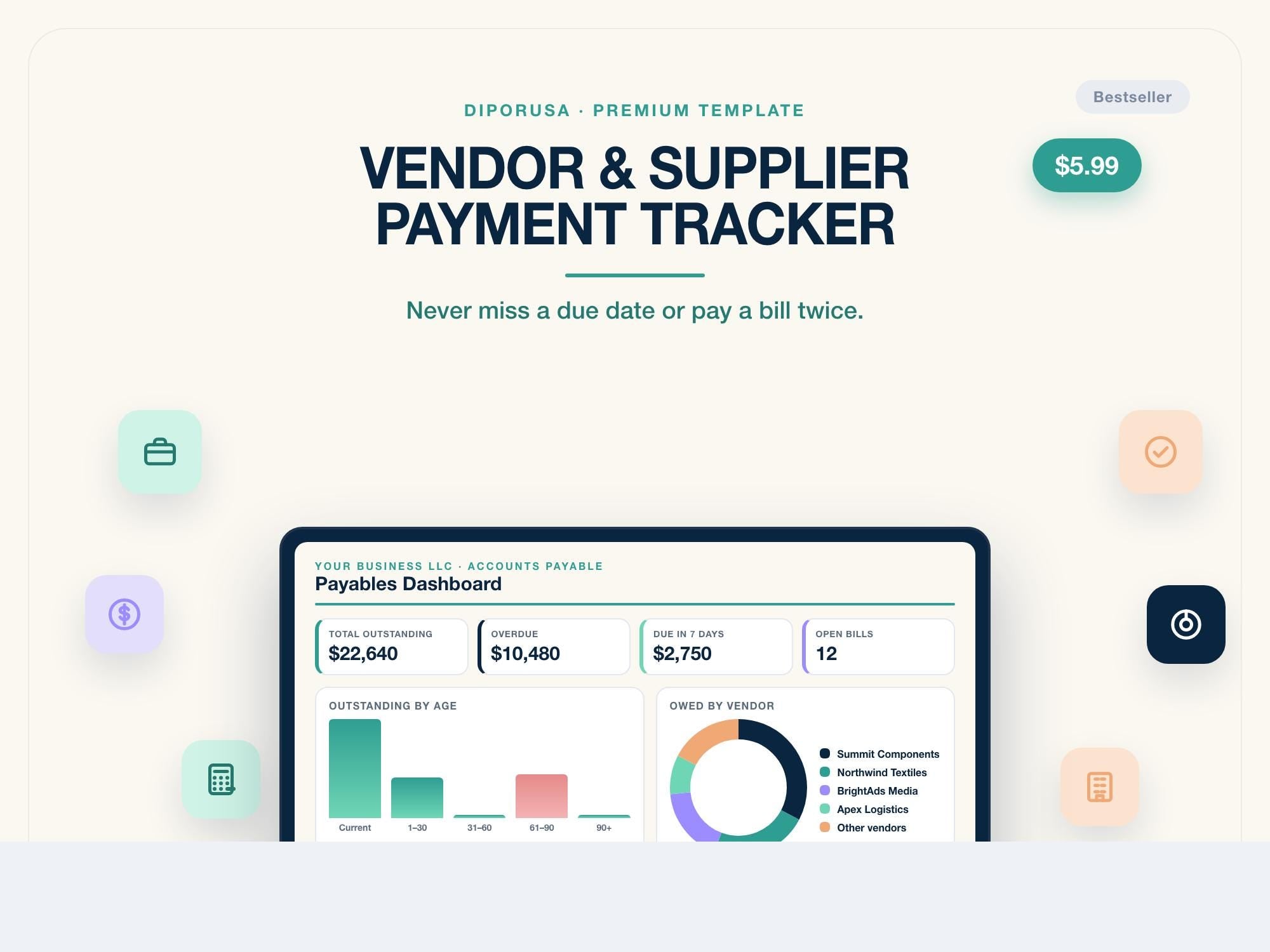 Vendor & Supplier Payment Tracker Spreadsheet | Accounts Payable Bill Tracker Excel Google Sheets | AP Aging and Due Date Template