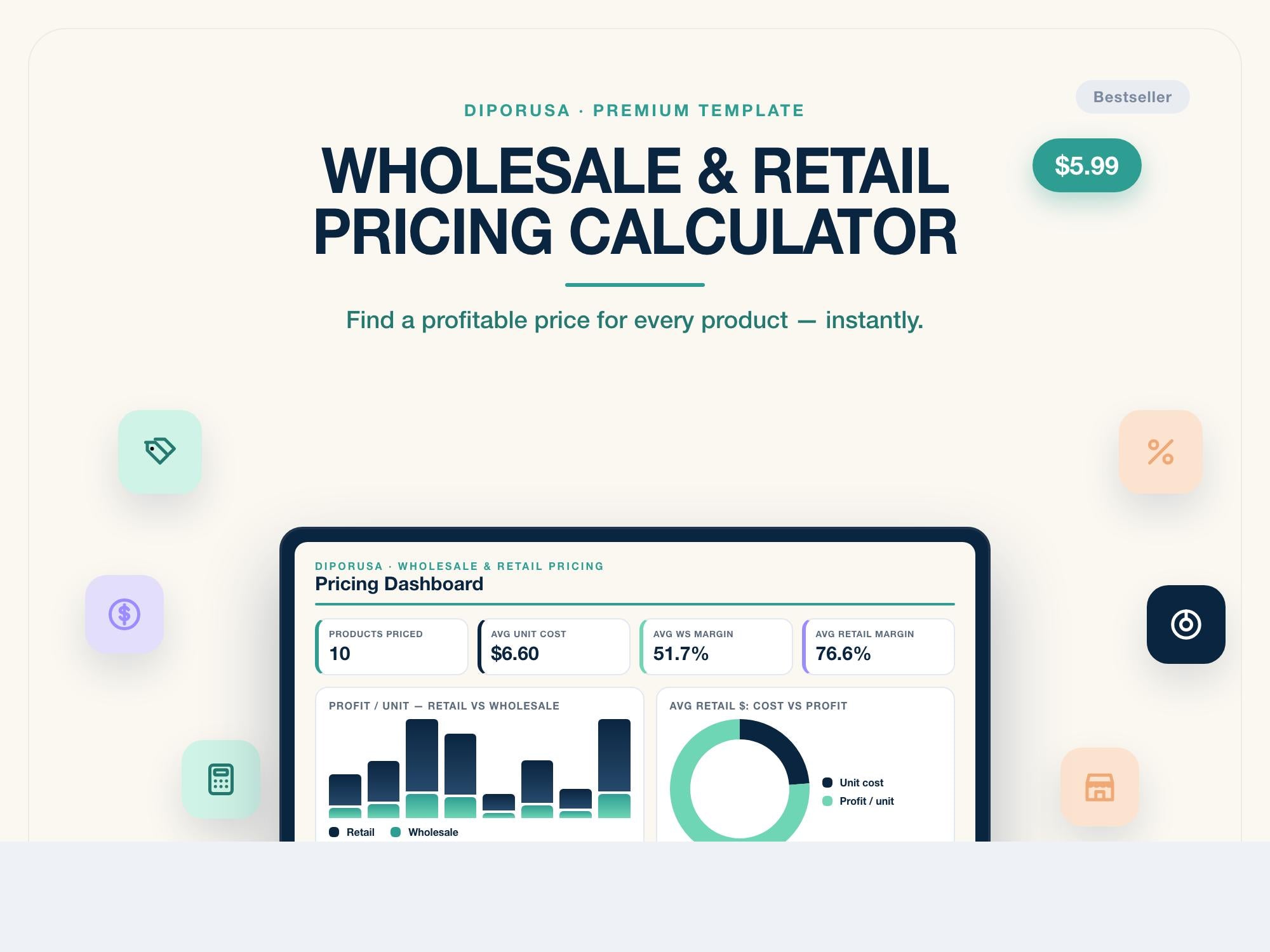 Pricing Calculator Spreadsheet, Wholesale & Retail Margin Calculator, Product Pricing Template, Profit Markup Tool, Excel and Google Sheets