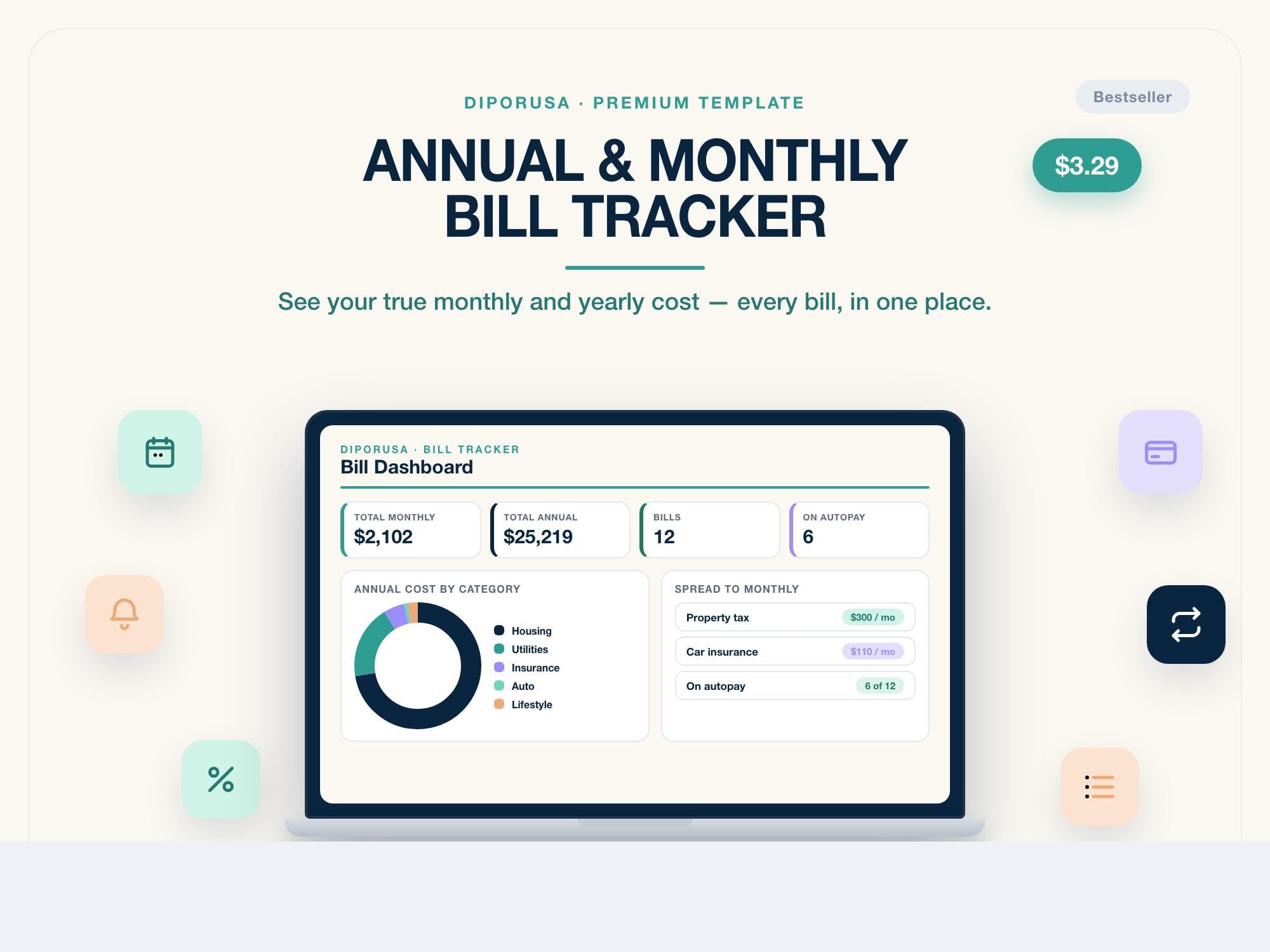 Annual & Monthly Bill Tracker | Bill Payment Spreadsheet and Calendar | Excel and Google Sheets | Bill Organizer Template | Editable
