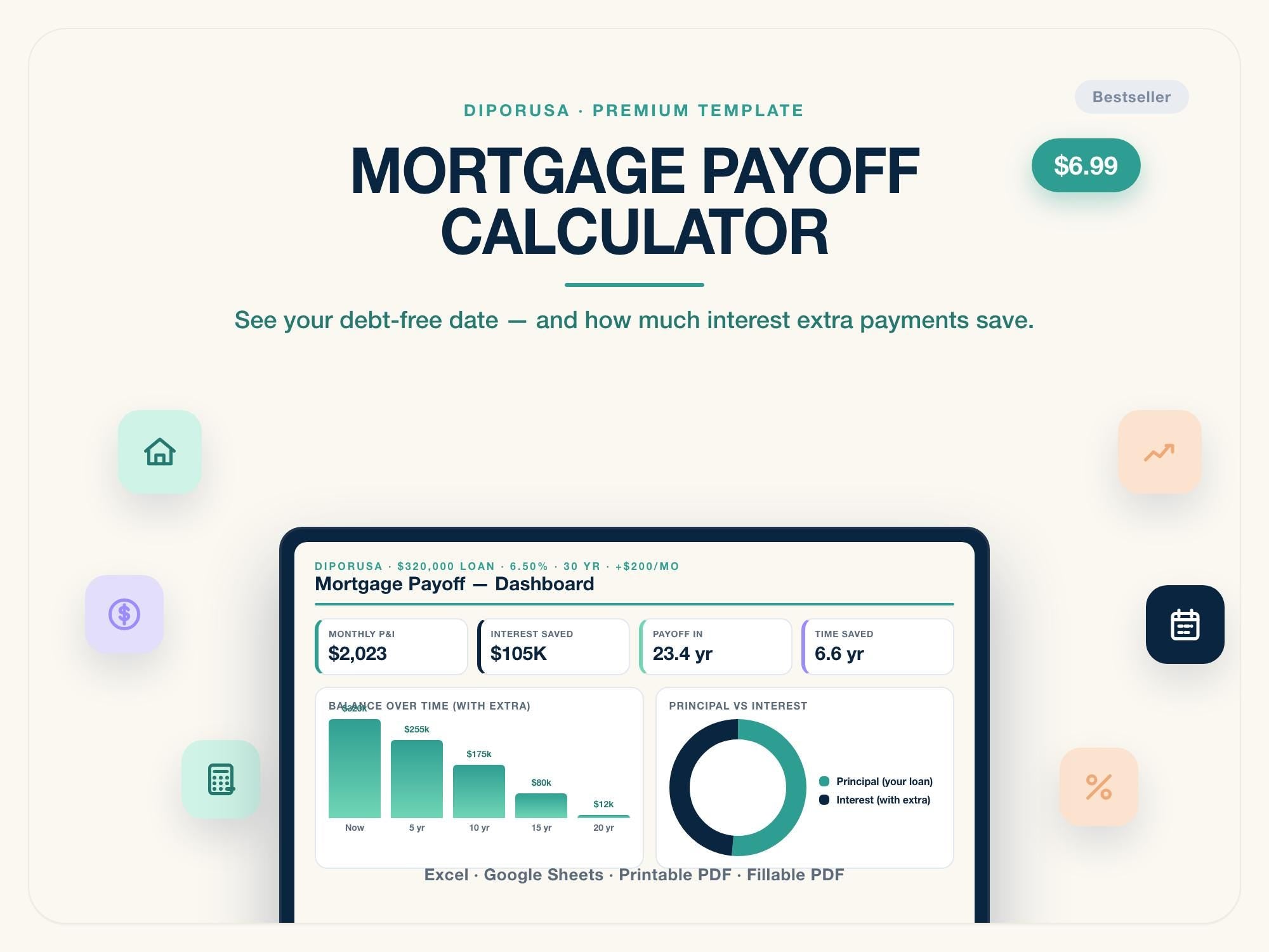 Mortgage Payoff Calculator Spreadsheet | Extra Payment Amortization Schedule Excel Google Sheets | Early Payoff Interest Saved Tracker