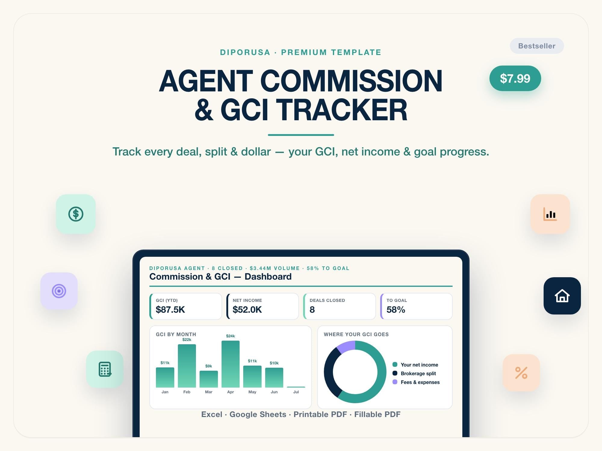 Real Estate Agent Commission Tracker Spreadsheet | GCI Goal & Income Tracker Excel Google Sheets | Realtor Deal Pipeline Template