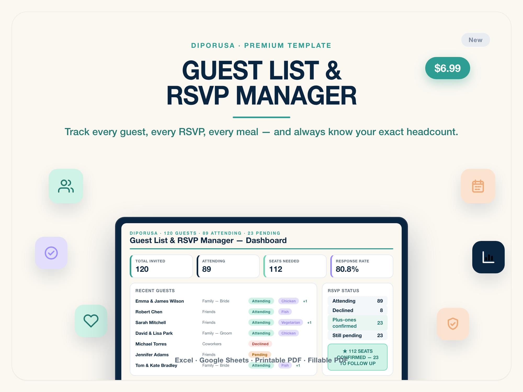 Wedding Guest List & RSVP Tracker Spreadsheet | Meal Count Excel Google Sheets | Wedding Planner Template | Editable