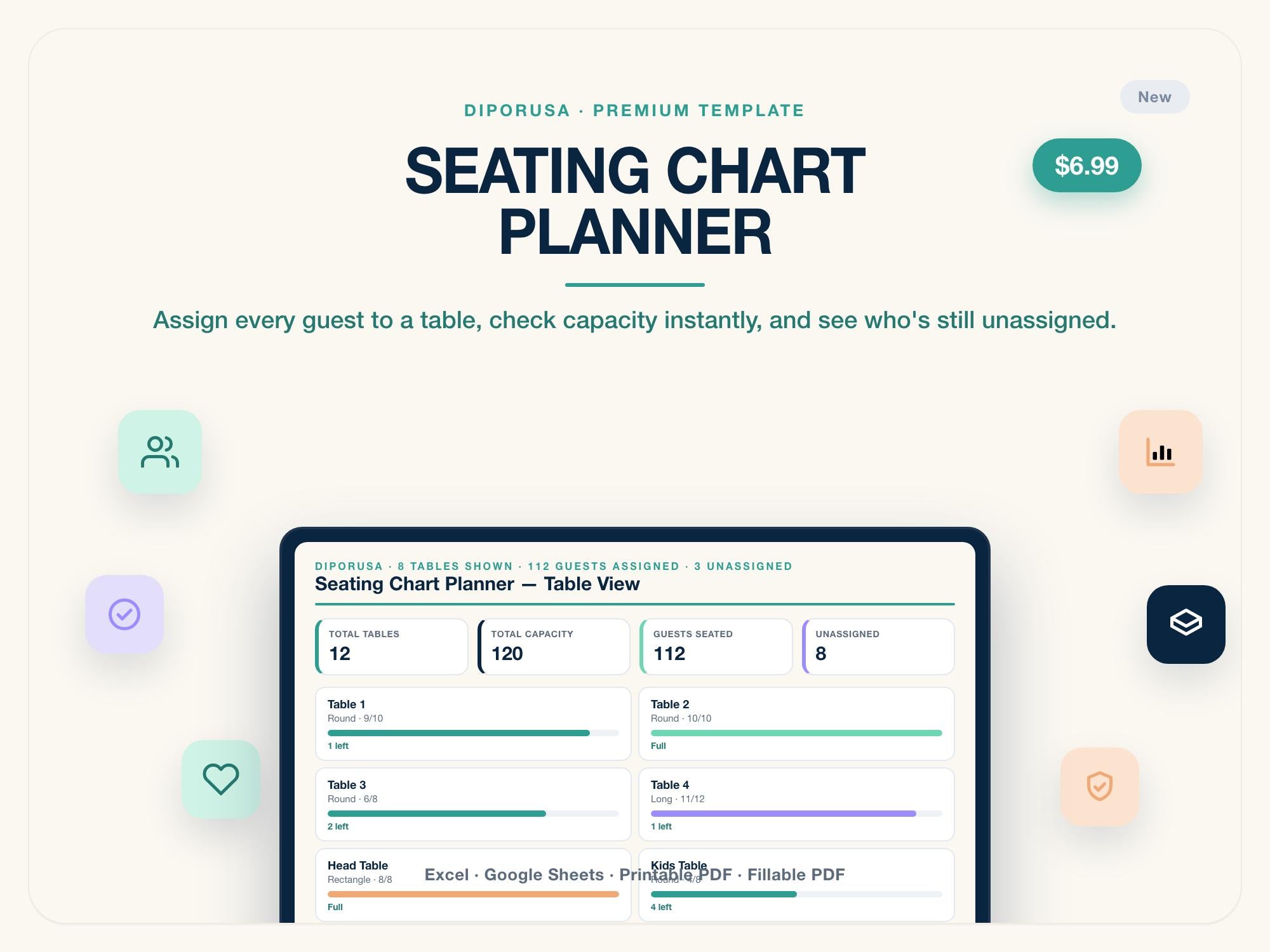 Wedding Seating Chart Planner Spreadsheet | Table Assignment Tracker Excel Google Sheets | Seating Plan Template | Editable