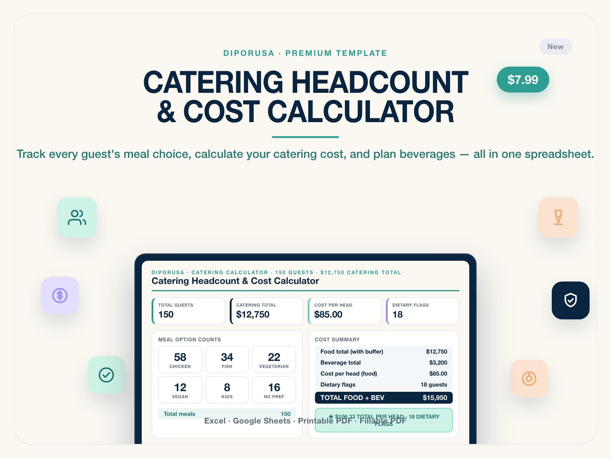 Wedding Catering Calculator Spreadsheet | Headcount Cost Per Head Dietary Tracker Excel Google Sheets | Menu Planner Template