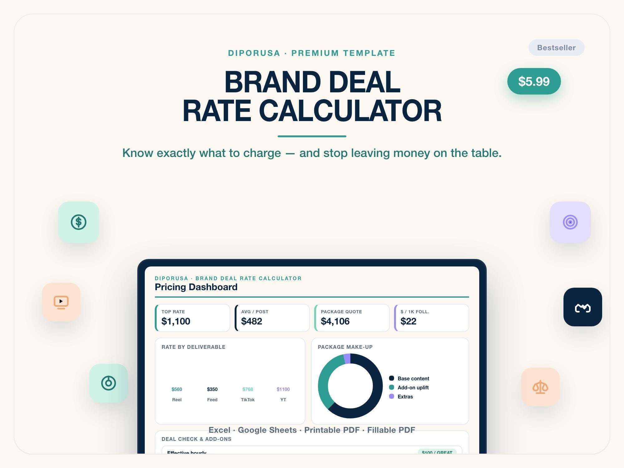 Brand Deal Rate Calculator for Content Creators | Influencer Sponsorship Pricing & Media Kit Rate Card | Excel Google Sheets PDF