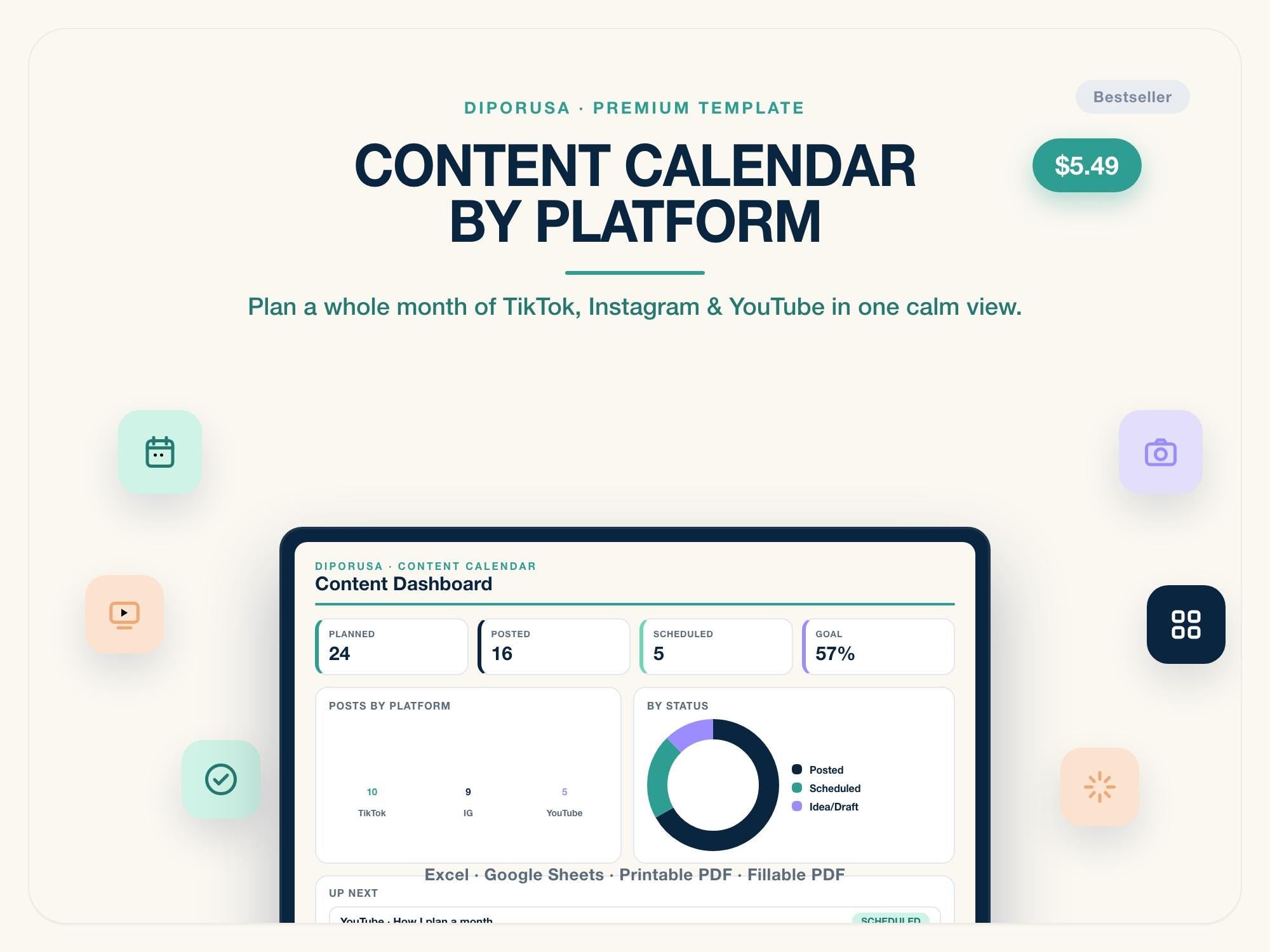 Content Calendar Spreadsheet for Creators | TikTok Instagram YouTube Social Media Planner | Excel Google Sheets | Editable