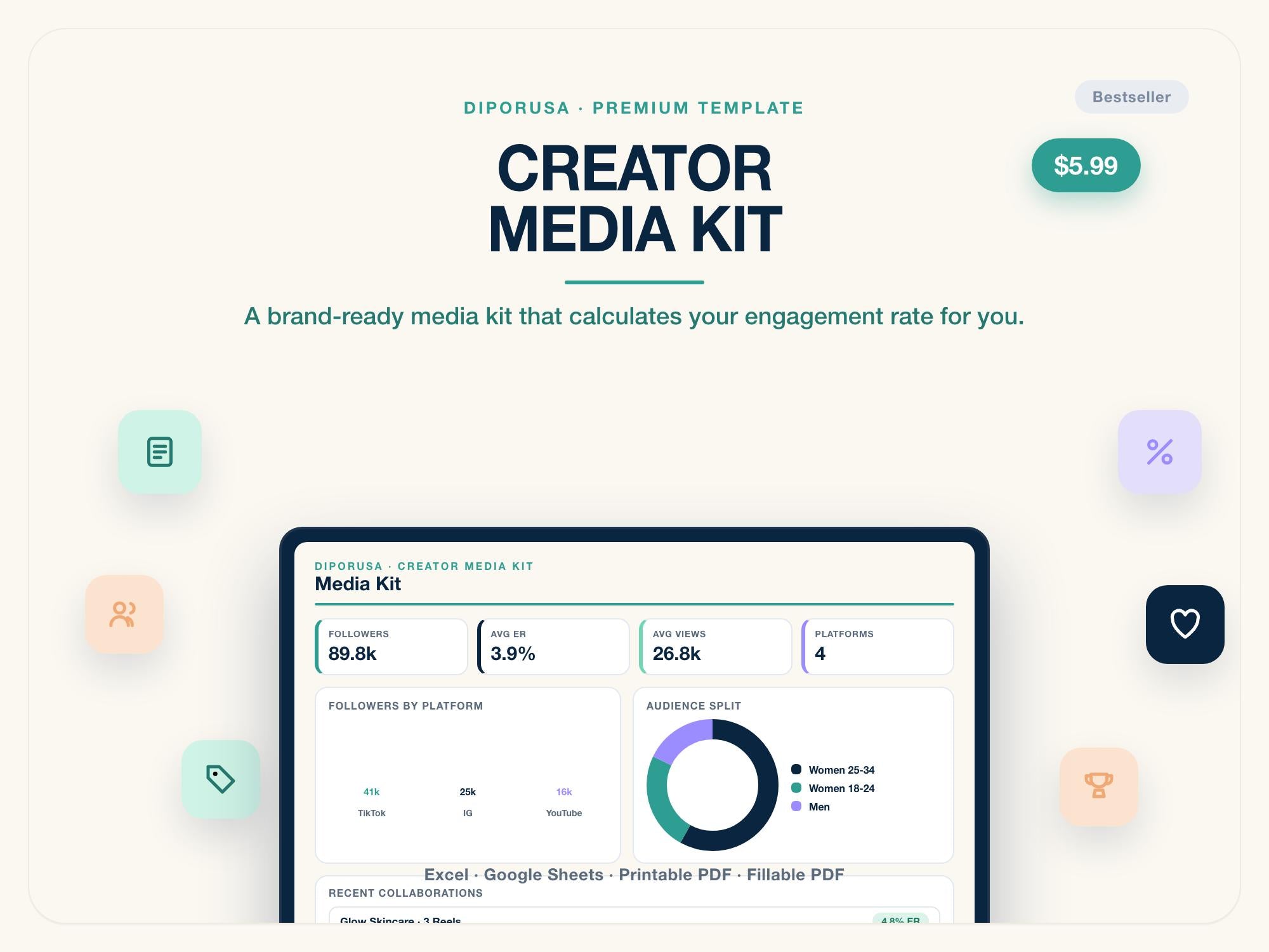 Creator Media Kit Template with Engagement Rate Calculator | Influencer Press Kit & Rate Card | Excel Google Sheets | Editable