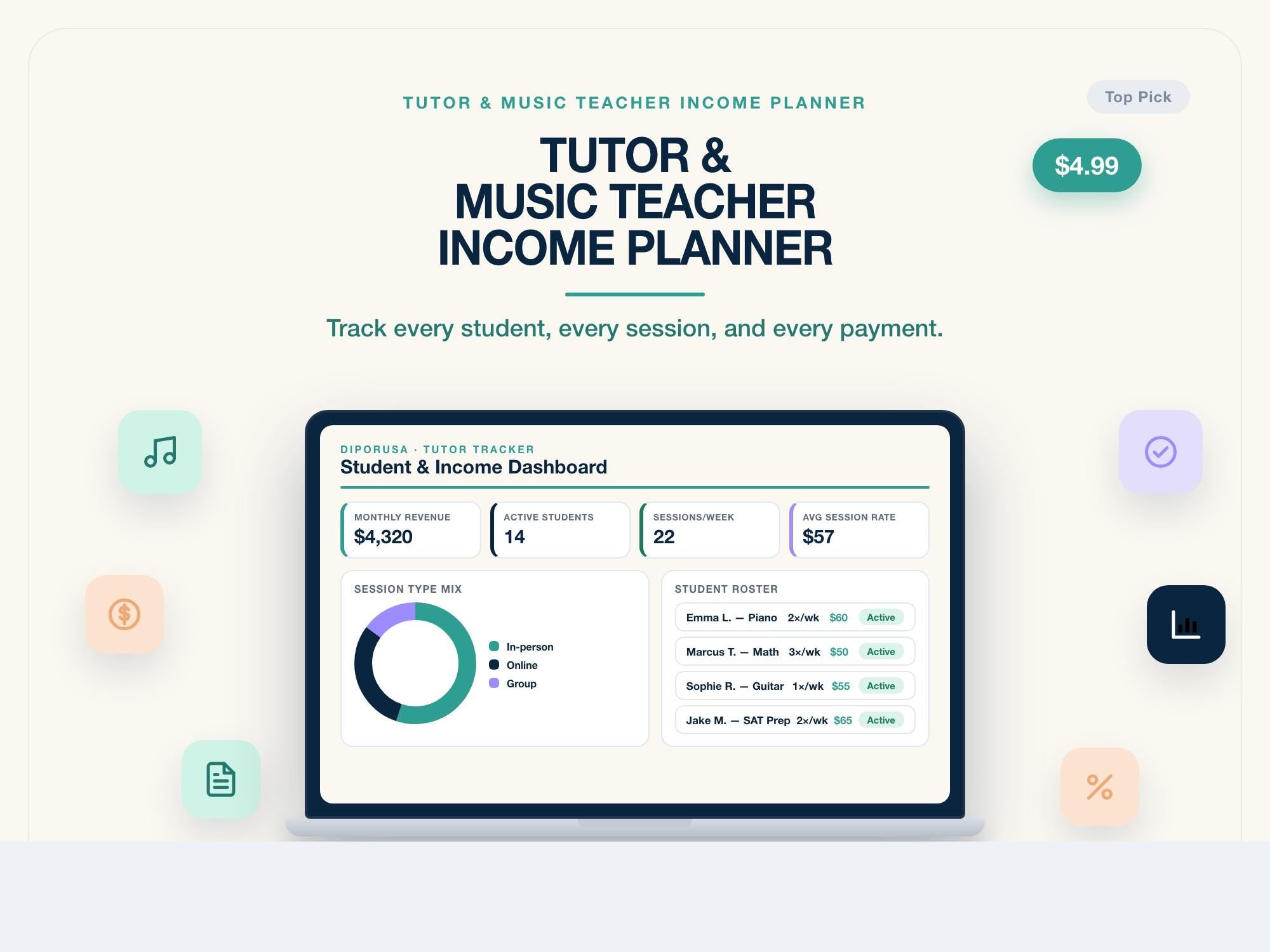 Tutor & Music Teacher Income Planner | Student Session Log | Income Tracker | Excel Google Sheets | Editable