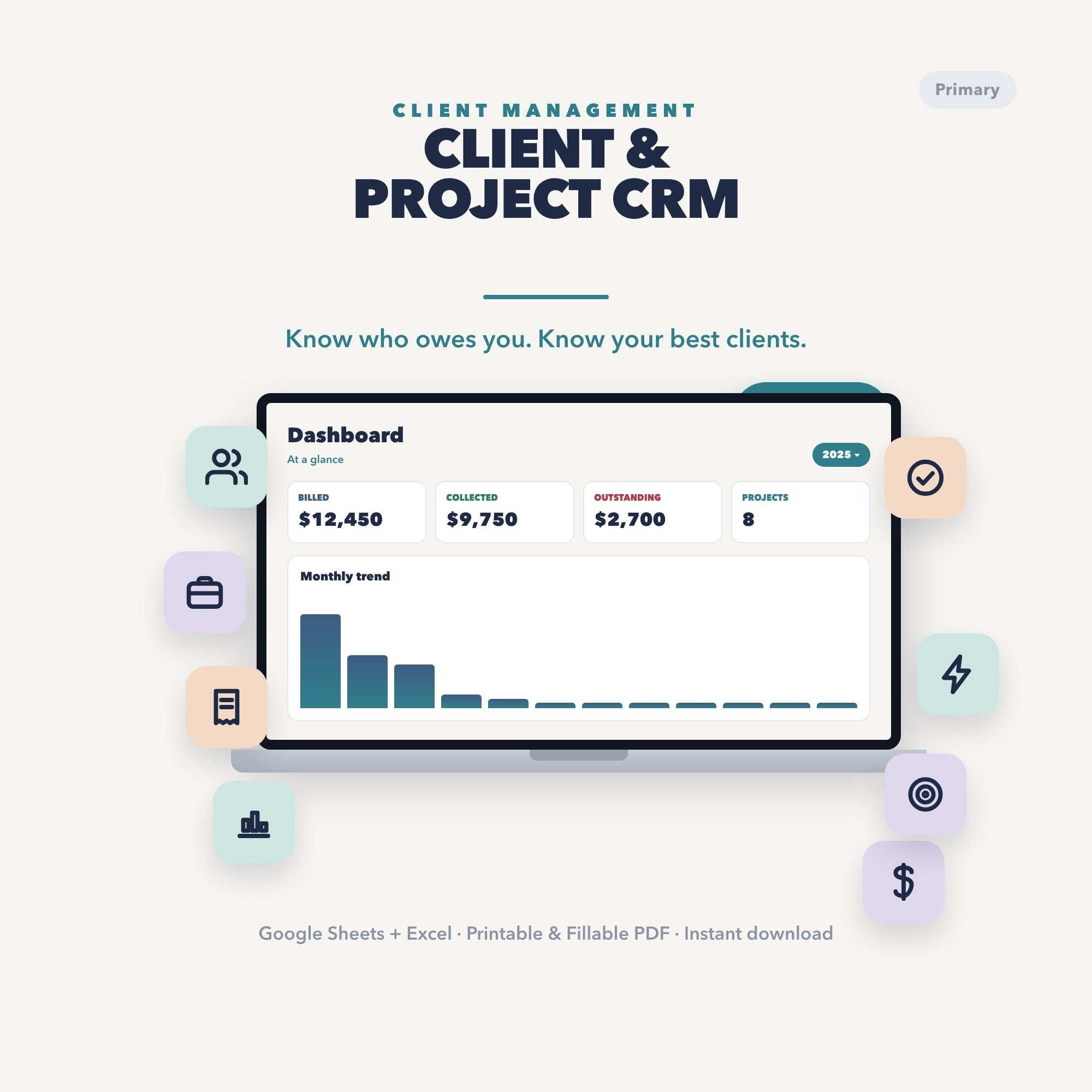 Client & Project CRM Spreadsheet | Invoice Tracker | Revenue by Client | Google Sheets Excel PDF | Editable