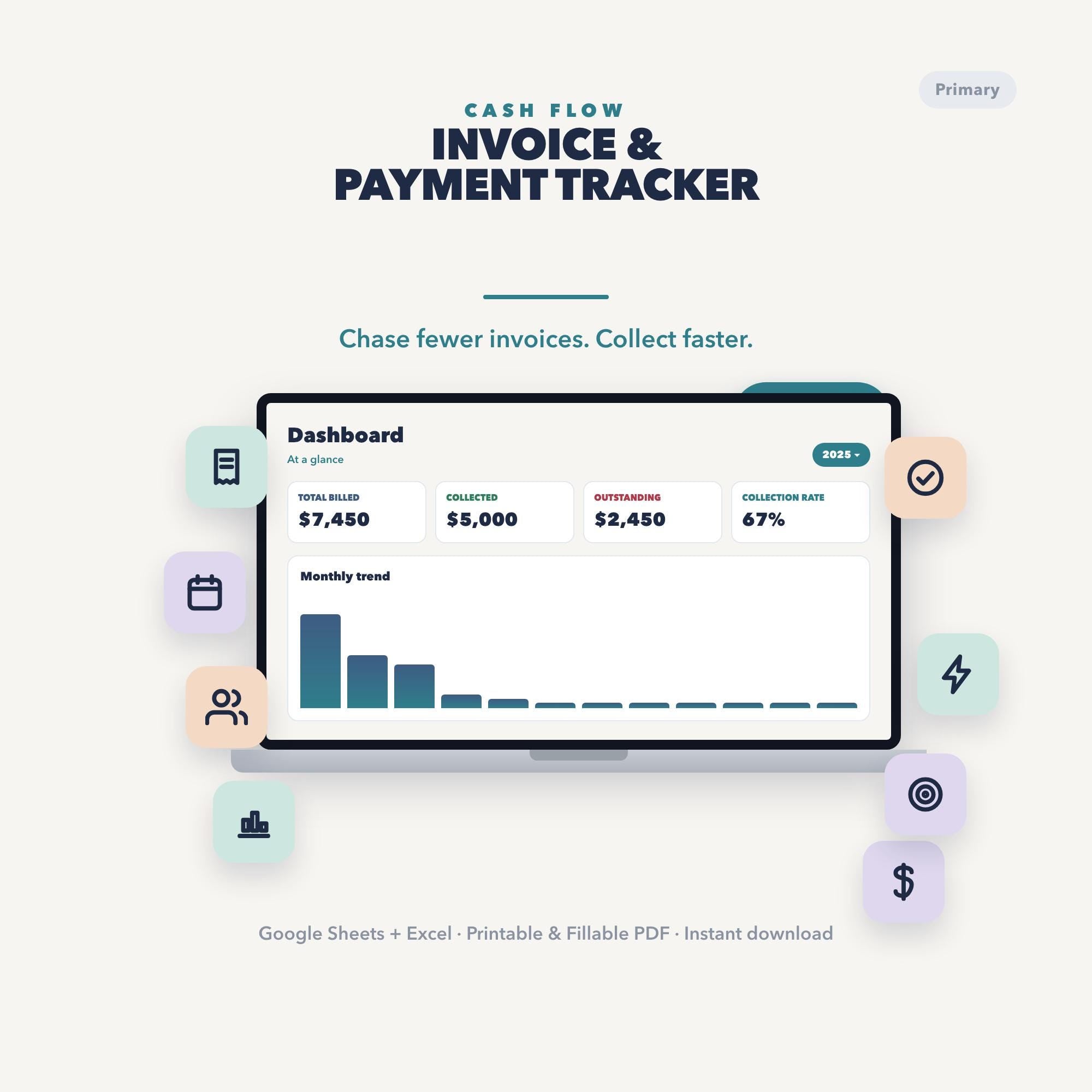 Invoice & Payment Tracker | Overdue Invoice Log | Aging Report | Google Sheets Excel Printable PDF | Editable