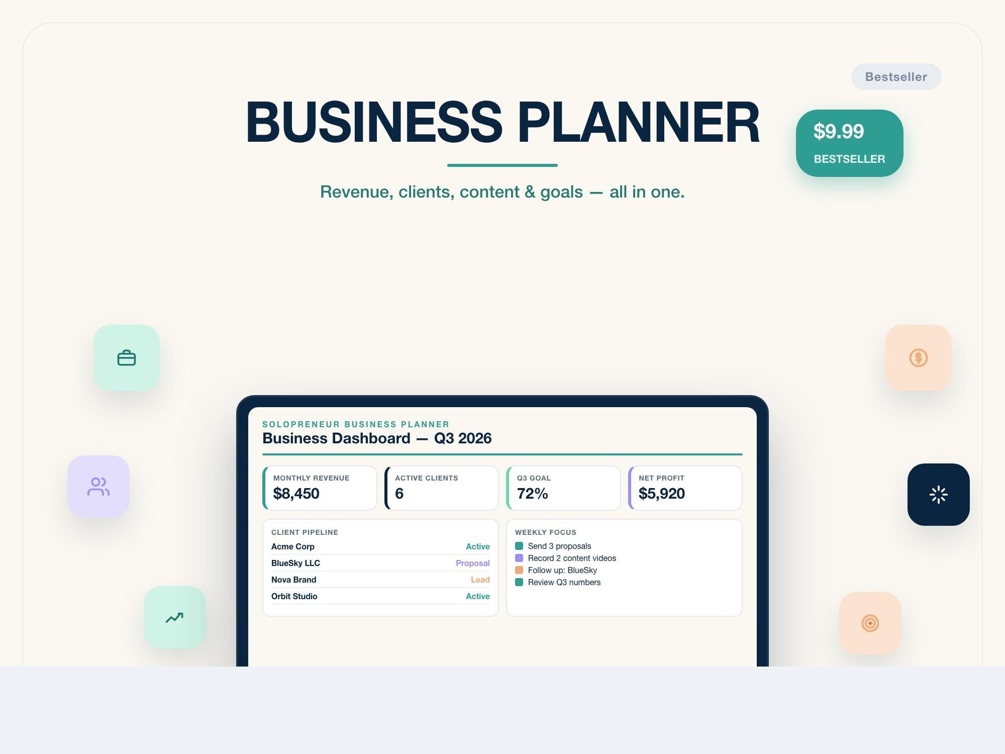 Business Digital Planner | Solopreneur iPad GoodNotes Planner | Revenue Goals Clients Content | Canva PDF | Instant Download