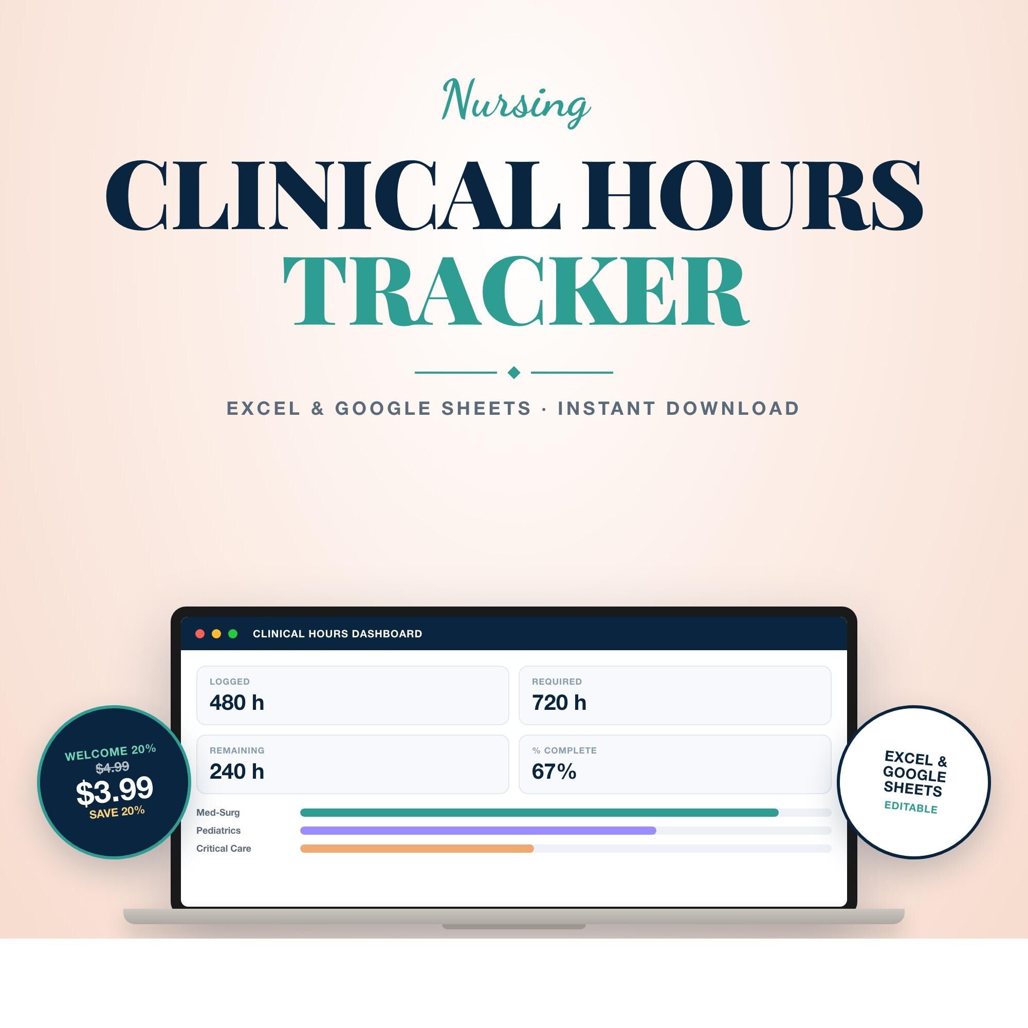 Nursing Clinical Hours Tracker Spreadsheet | Clinical Log for Nursing Students | Excel & Google Sheets | Hours by Rotation