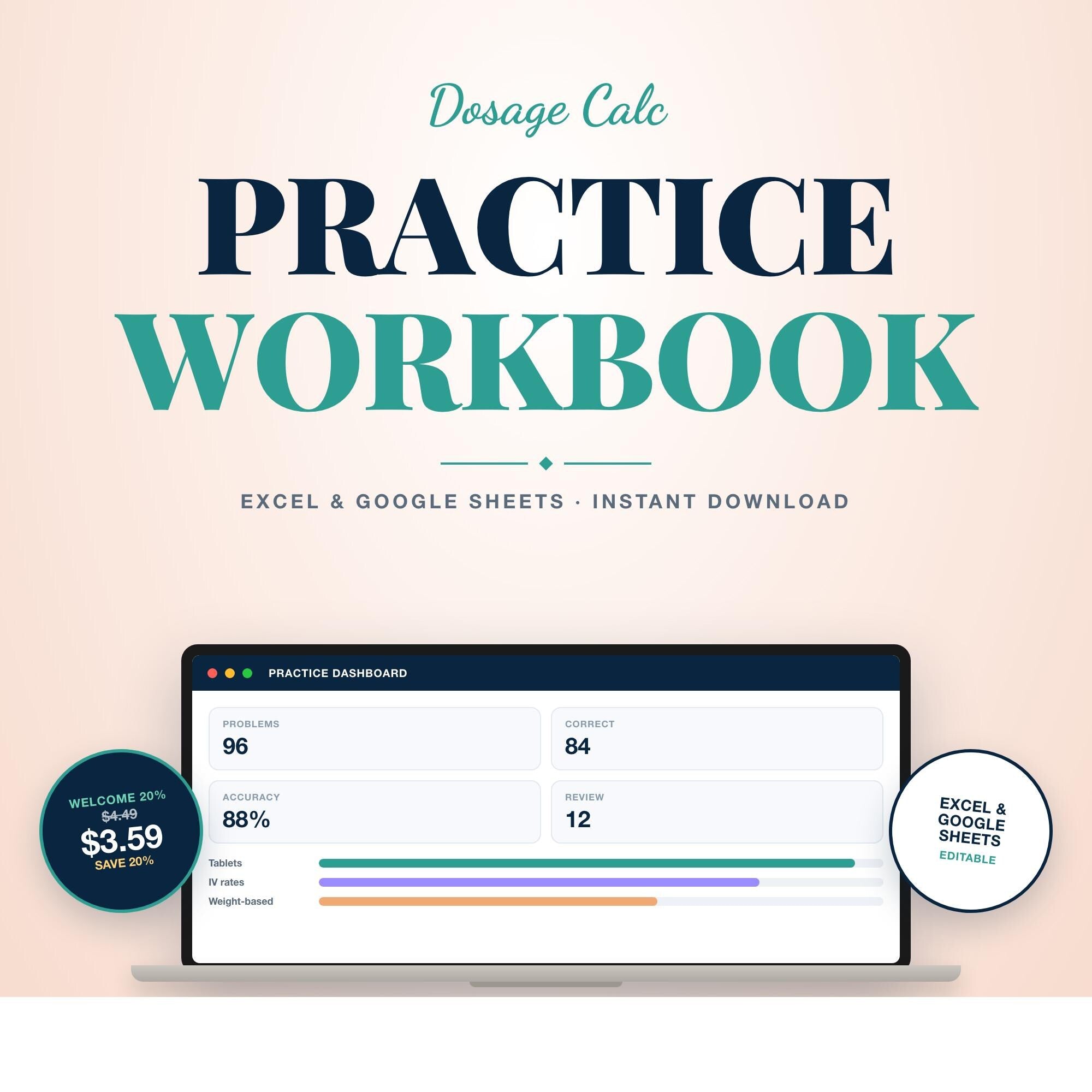 Dosage Calculation Practice Workbook | Nursing Med Math Study Tool | Excel & Google Sheets | Self-Check Calculator