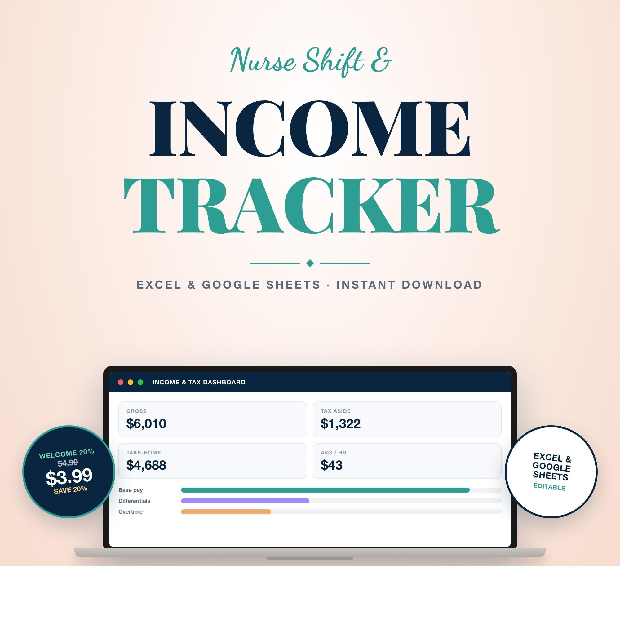 Nurse Shift and Income Tracker Spreadsheet | Shift Differential and Tax Tracker for Nurses | Excel and Google Sheets | Take-Home Pay