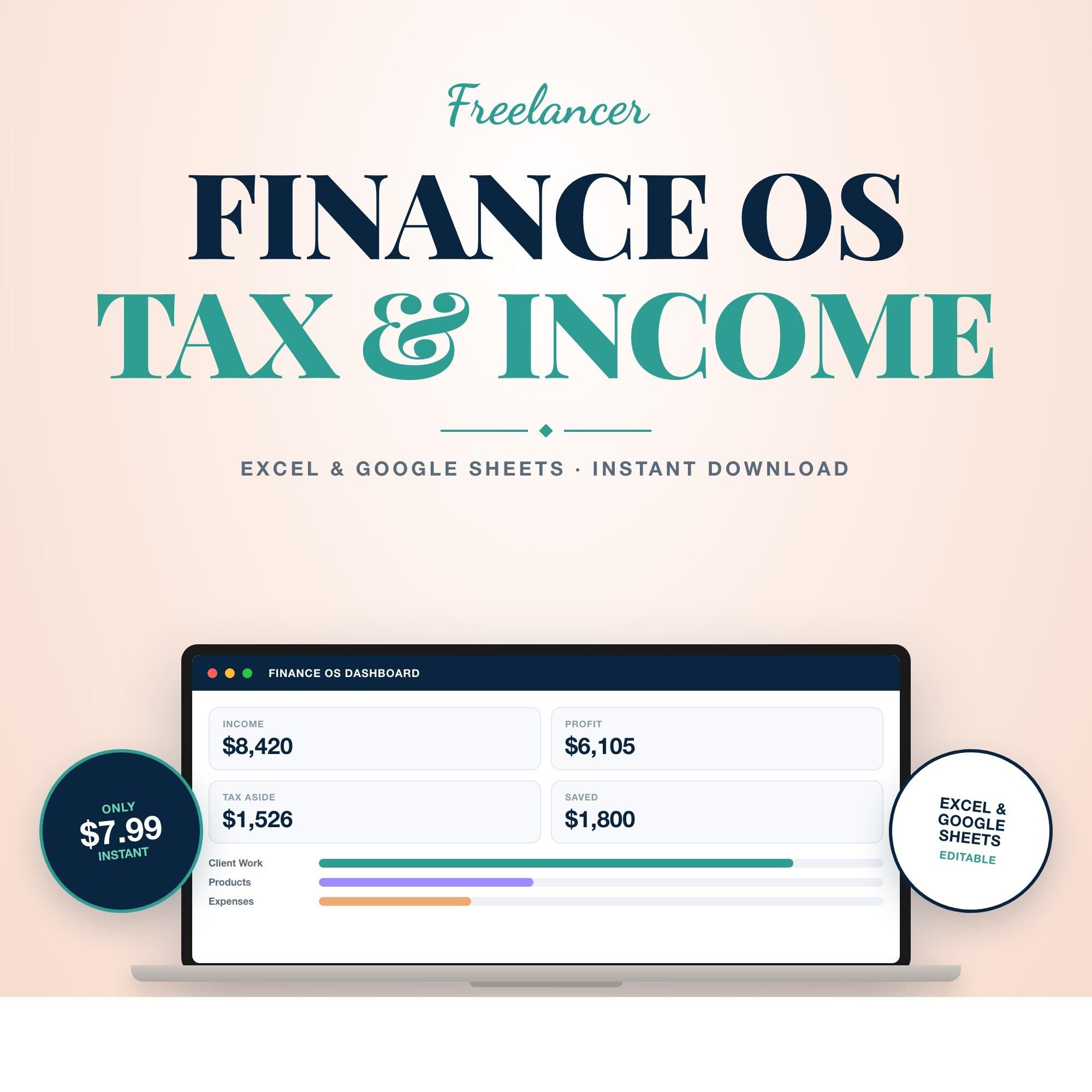 Freelancer Finance OS | Income Expense & Self Employment Tax Tracker | Google Sheets Excel Printable PDF | 1099 Quarterly Estimator
