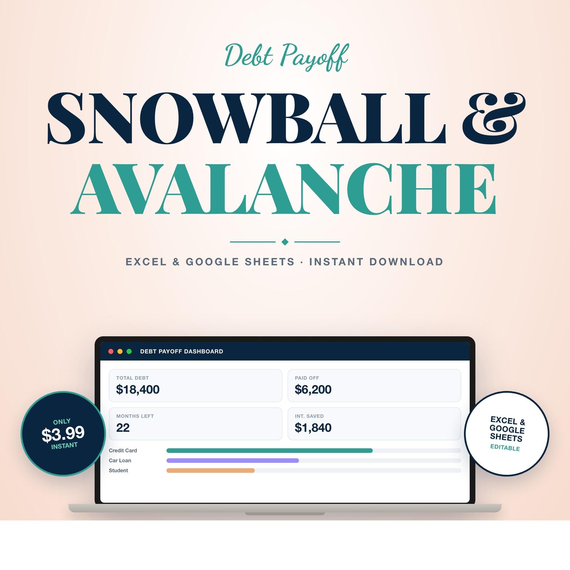 Debt Snowball & Avalanche Payoff Tracker, Debt Payoff Spreadsheet, Excel and Google Sheets, Debt Free Planner, Loan Payoff Calculator