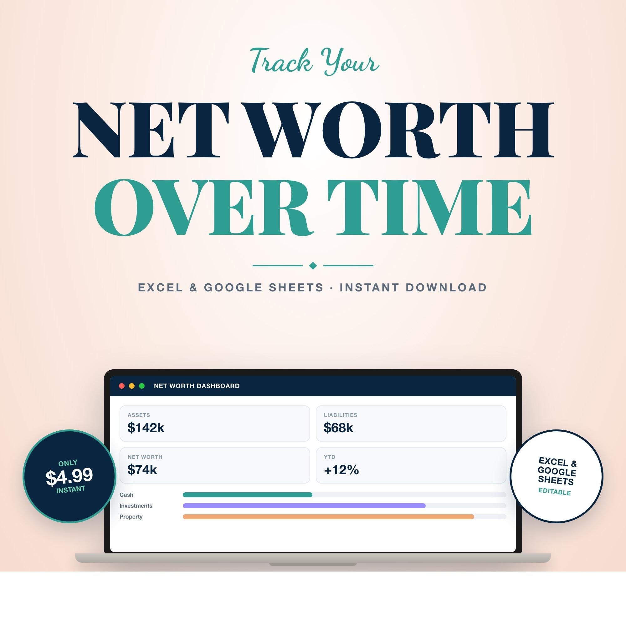 Net Worth Tracker Spreadsheet, Net Worth Dashboard, Assets & Liabilities Tracker, Excel and Google Sheets, Finance Template