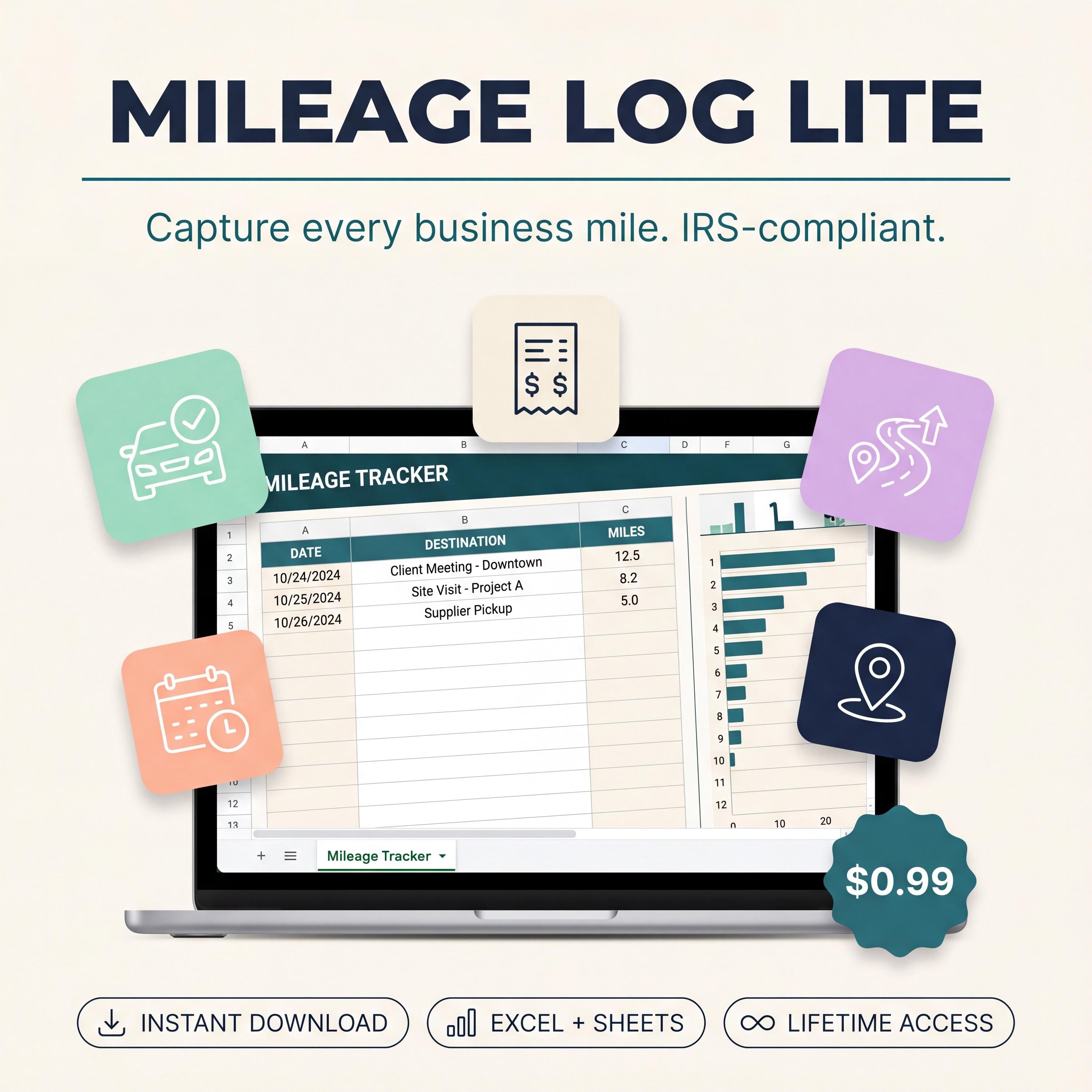 Mileage Log Lite | IRS Mileage Tracker Spreadsheet | Business Mileage Deduction Log | Excel + Google Sheets | Editable
