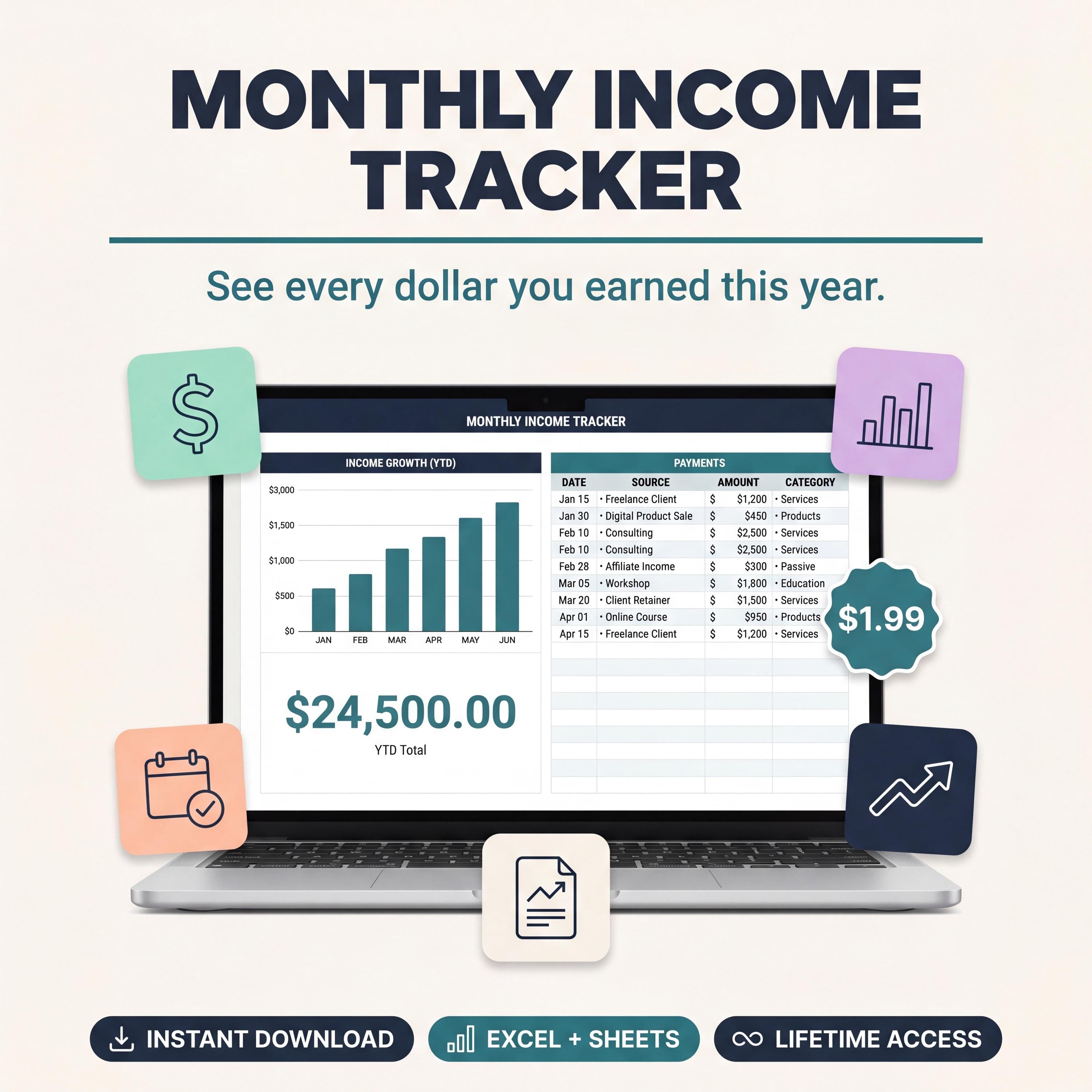 Monthly Income Tracker | Freelance Income Spreadsheet | Self Employed Earnings Log | Excel + Google Sheets | Editable