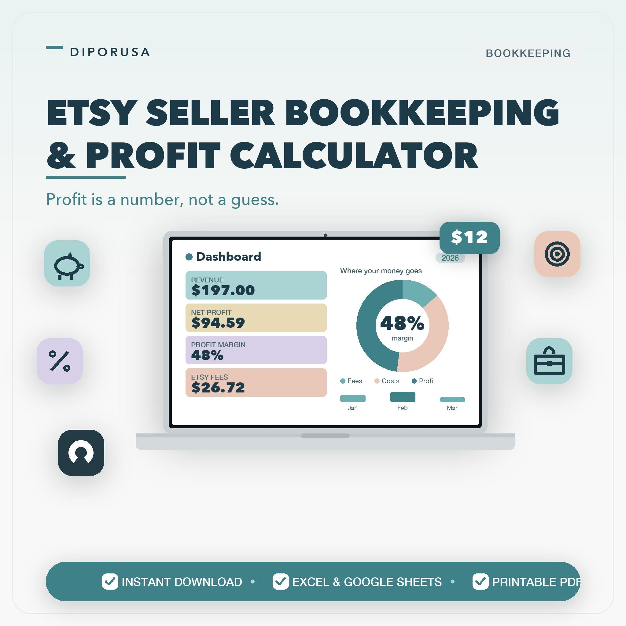 Etsy Seller Bookkeeping Spreadsheet & Profit Calculator | Etsy Fee Calculator, Sales and Expense Tracker | Excel/Google Sheets PDF