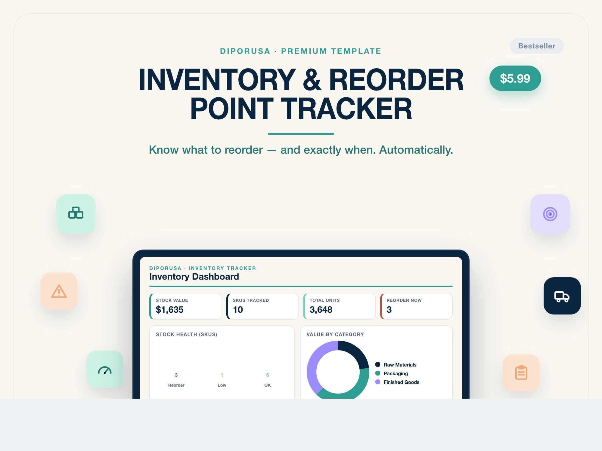 Inventory Management Spreadsheet, Reorder Point Tracker, Stock Control Template, Low Stock Alerts, Excel & Google Sheets, Small Business
