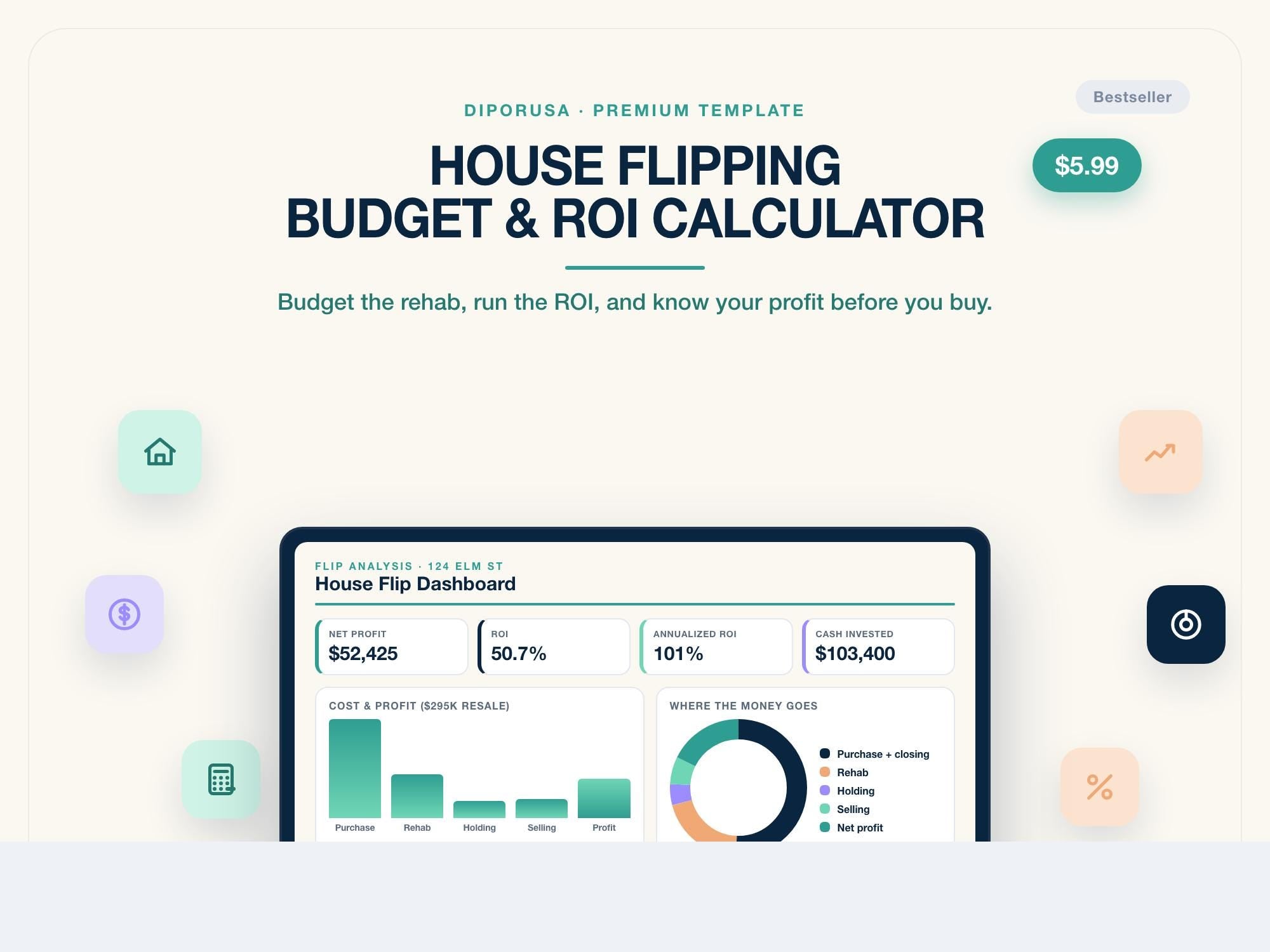 House Flipping Spreadsheet Budget & ROI Calculator | Rehab Cost Estimator and Flip Deal Analyzer Excel Google Sheets | 70 percent Rule Tool