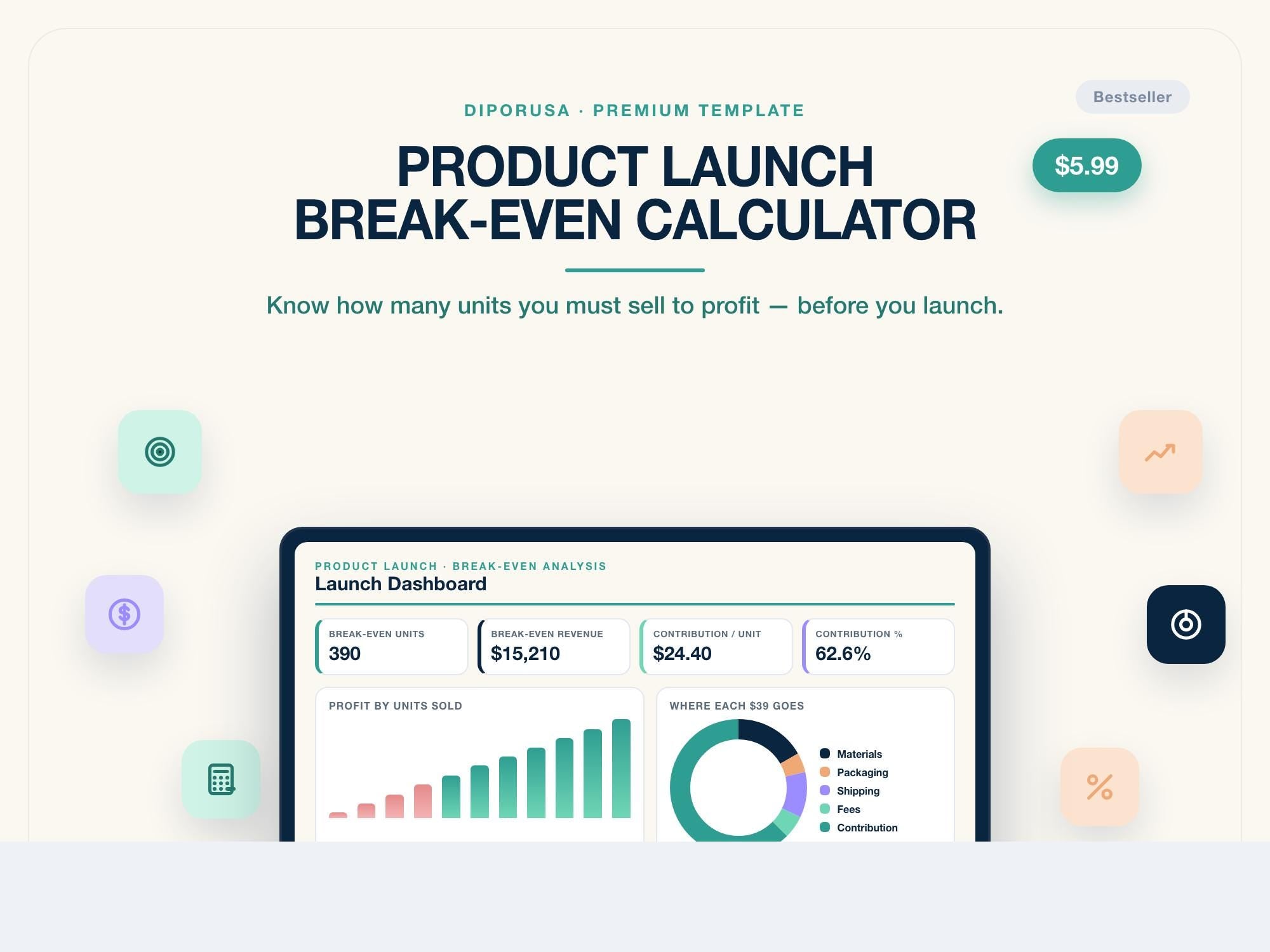 Product Launch Break Even Calculator Spreadsheet | Pricing & Profit Margin Tool Excel Google Sheets | Small Business Break-Even Analysis