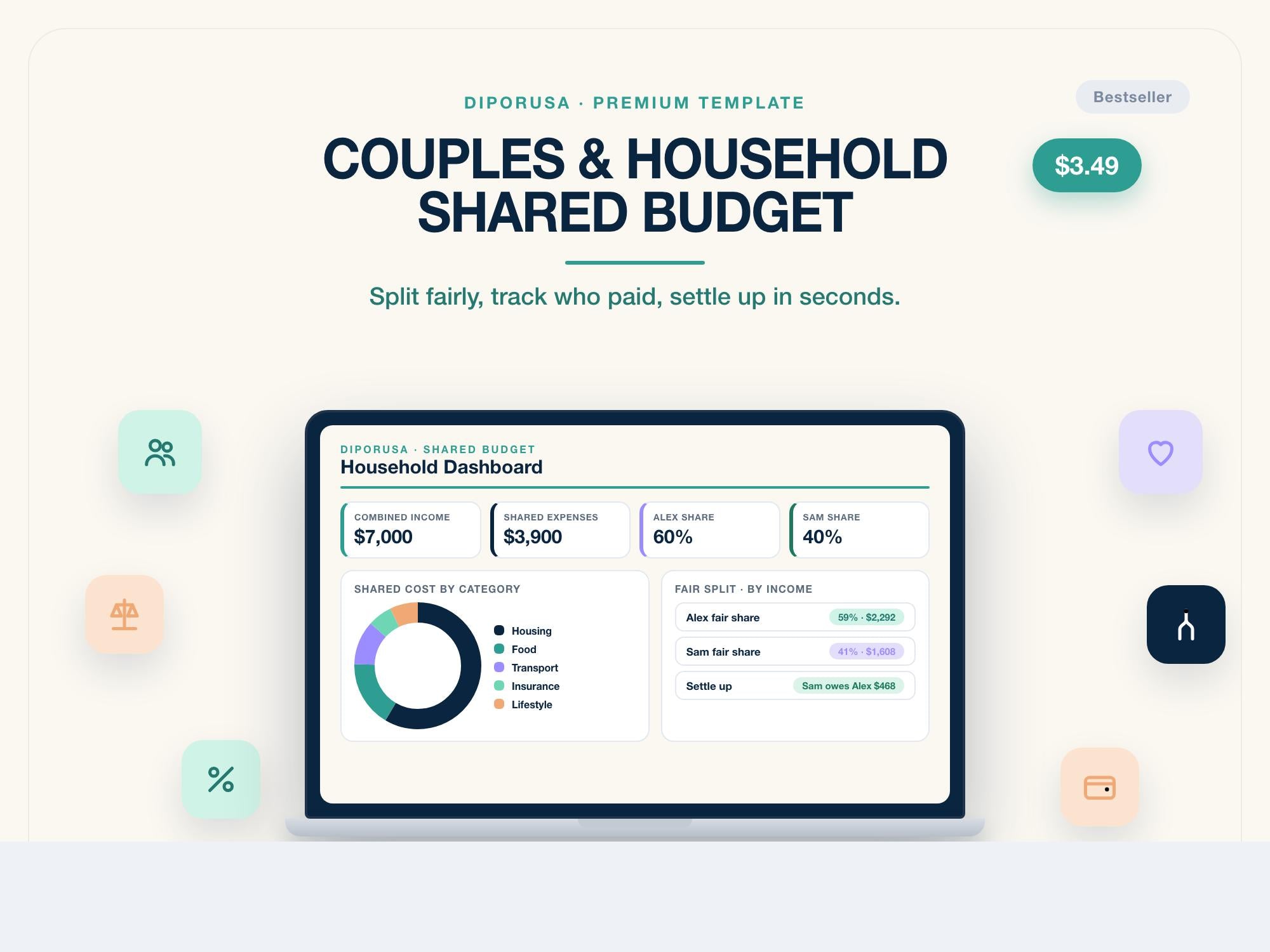 Couples Budget Spreadsheet, Household Shared Expense Tracker and Bill Splitter, Excel & Google Sheets, Joint Budget Template