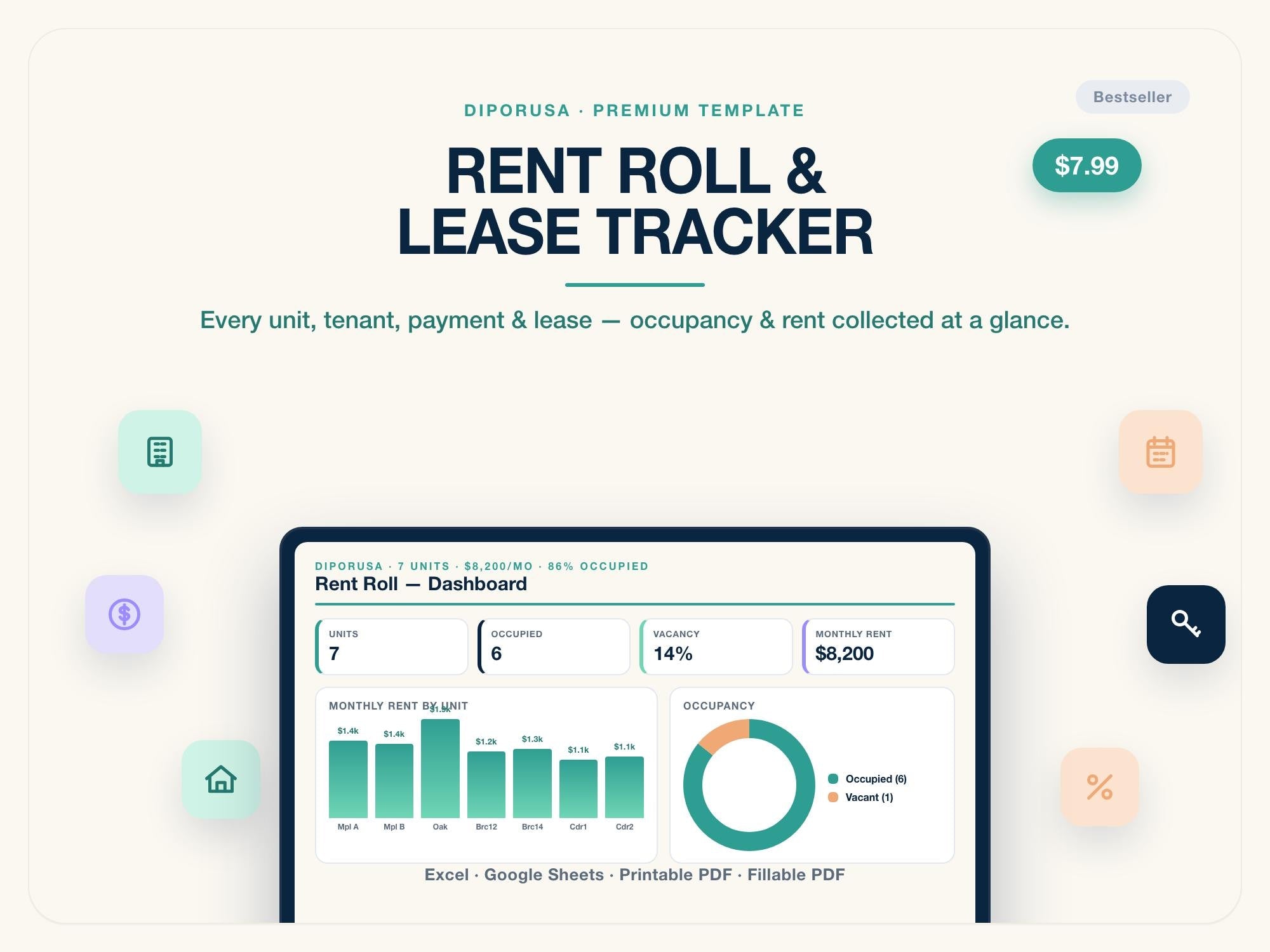 Rental Property Rent Roll Spreadsheet | Tenant & Lease Tracker Excel Google Sheets | Landlord Rent Payment and Occupancy Tracker Template