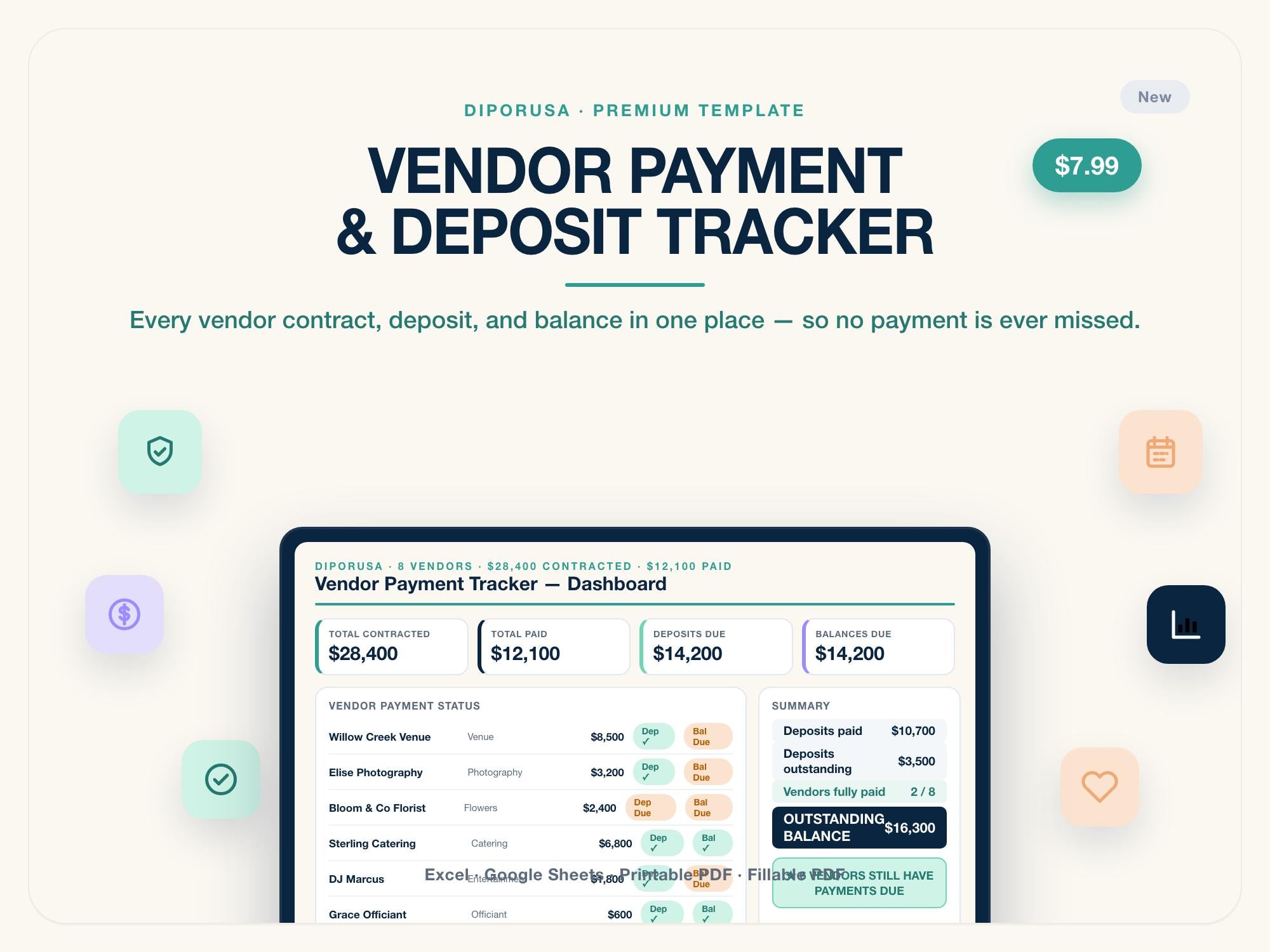 Wedding Vendor Payment Tracker Spreadsheet | Deposit & Balance Tracker Excel Google Sheets | Vendor Budget Template | Editable