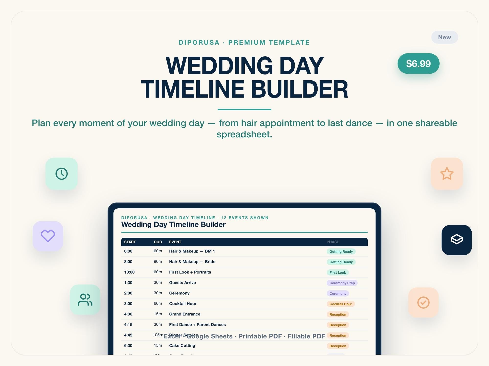 Wedding Day Timeline Spreadsheet | Day-Of Schedule Excel Google Sheets | Ceremony Reception Vendor Arrival Planner | Editable