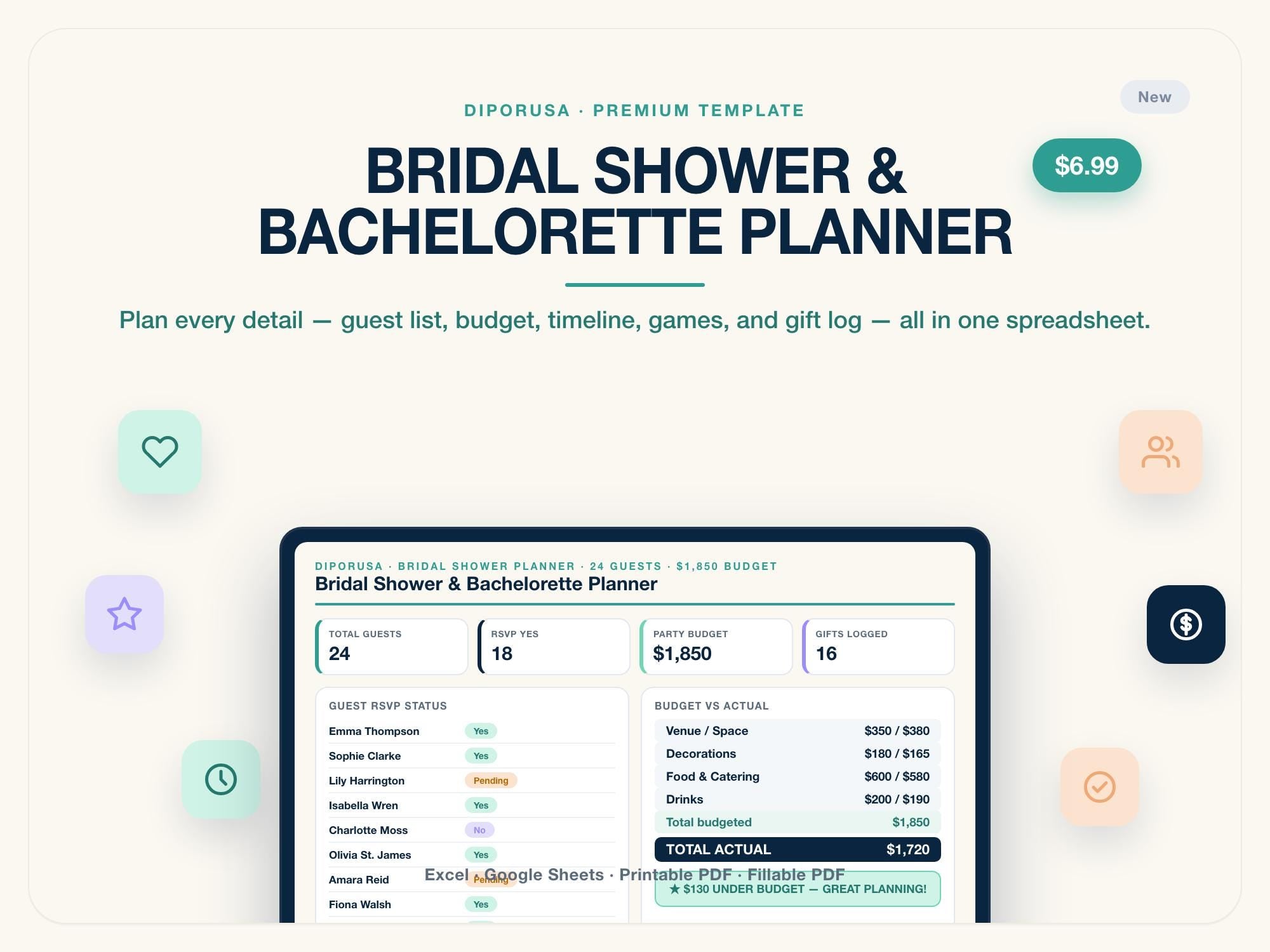Bridal Shower Planner Spreadsheet | Guest List Budget Games Gift Log Excel Google Sheets | Bachelorette Planner | Editable