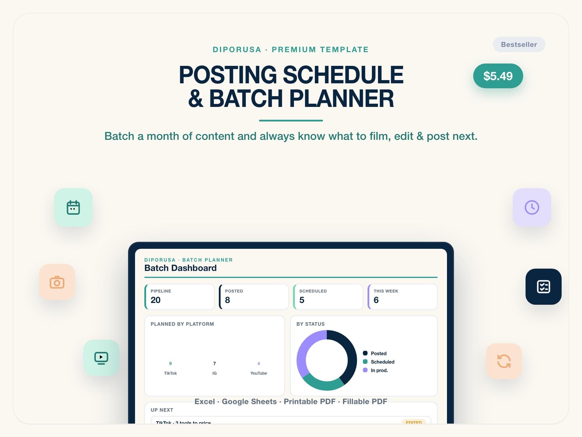 Content Batch Planner & Posting Schedule | Social Media Production Pipeline for Creators | Excel Google Sheets | Editable