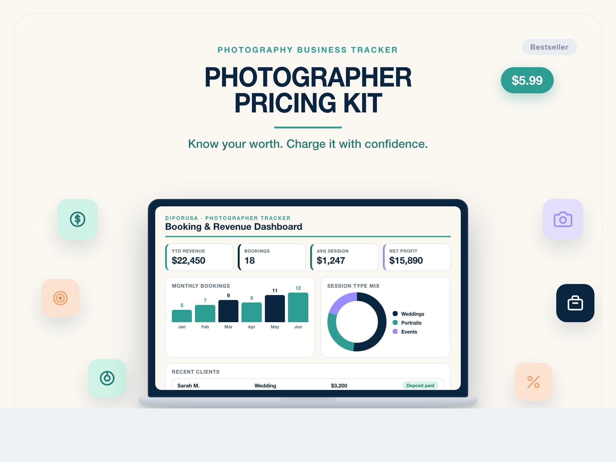 Photographer Pricing & Booking Calculator | Photography Business Tracker | Excel Google Sheets | Editable